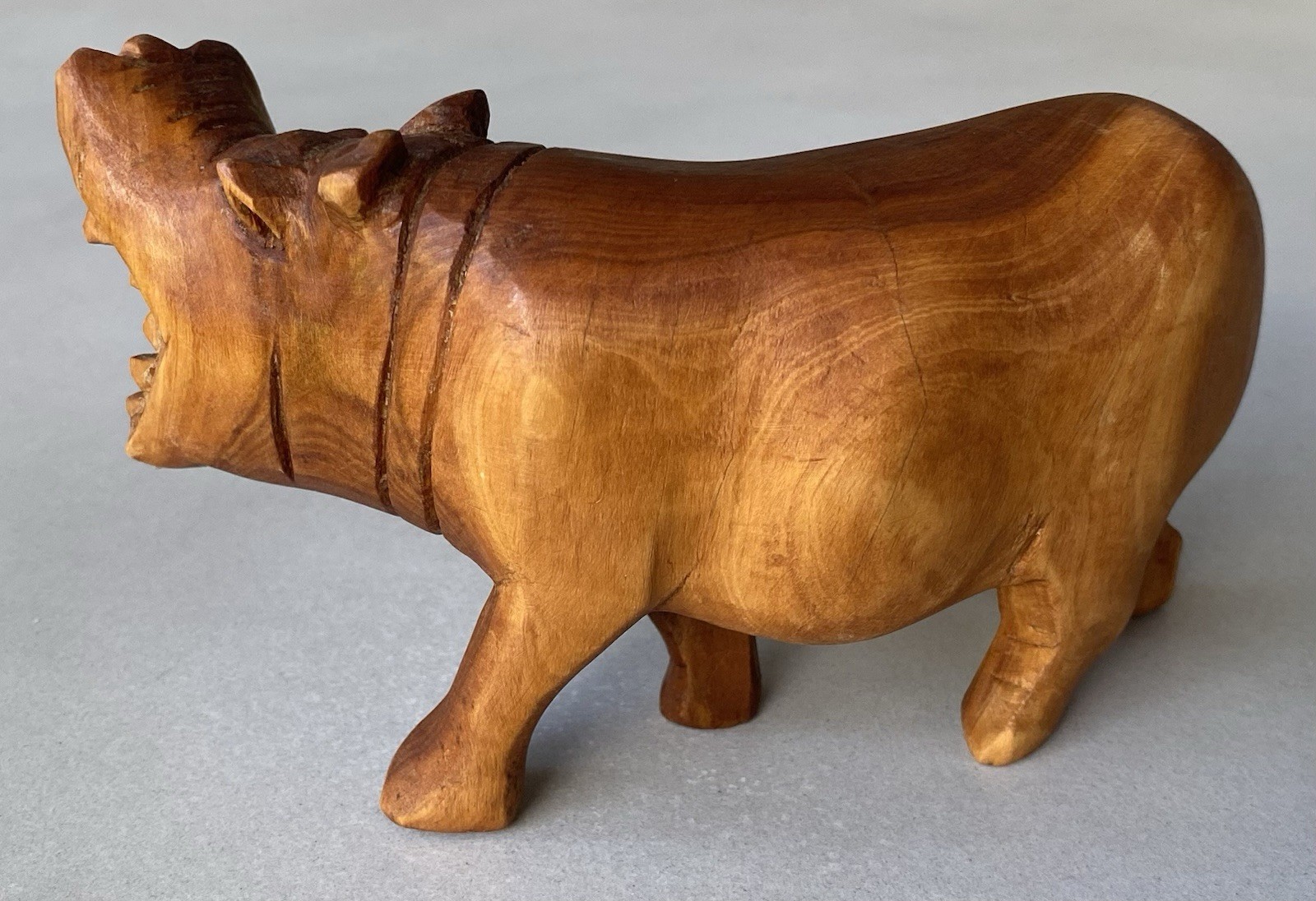 Carved Solid Timber Vintage Wildlife Figurines Hippo 15cm & Rhino 9cm