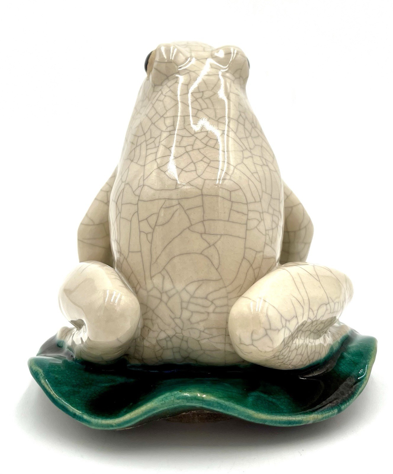 Vintage White Crackle Glaze Pottery Frog Figurine on Green Lily Pad