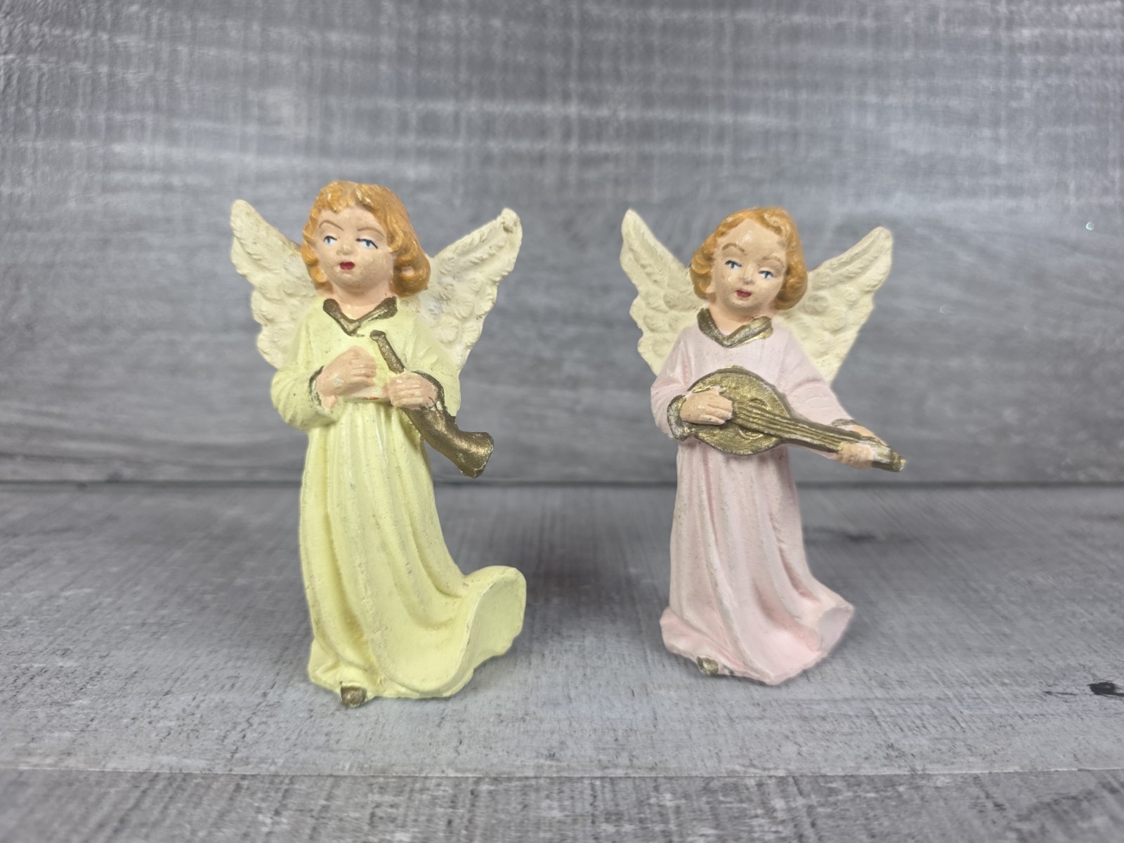 Vtg Made In Italy Angels Playing Instruments Figurines Pink Yellow 3” H 19a7