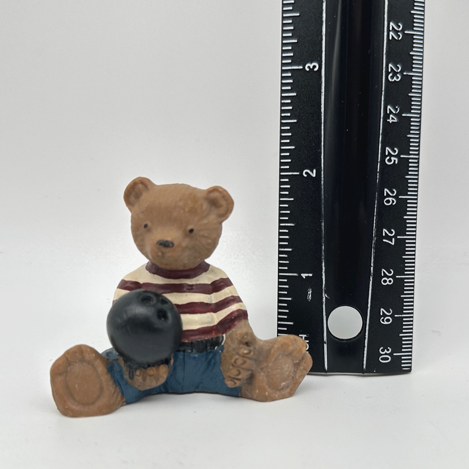 Cute Brown Bear Holding Bowling Ball Stripped Shirt Jeans 2″ Handmade Vintage