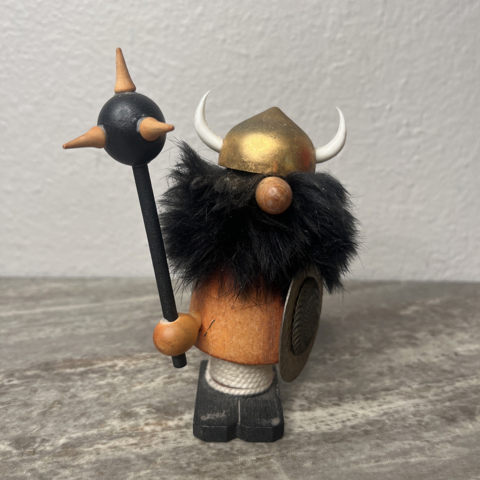 Vintage Gonk Black Beard Wood Troll Viking w Shield & Spiked Mace by Goula Spain