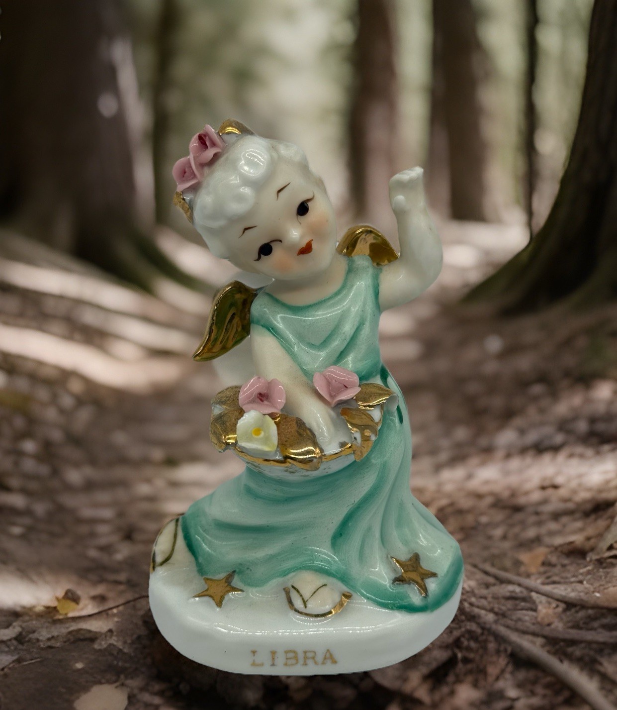 Lefton Angel Figurine Vintage Libra Zodiac Horoscope Astrology Girl 4.5”