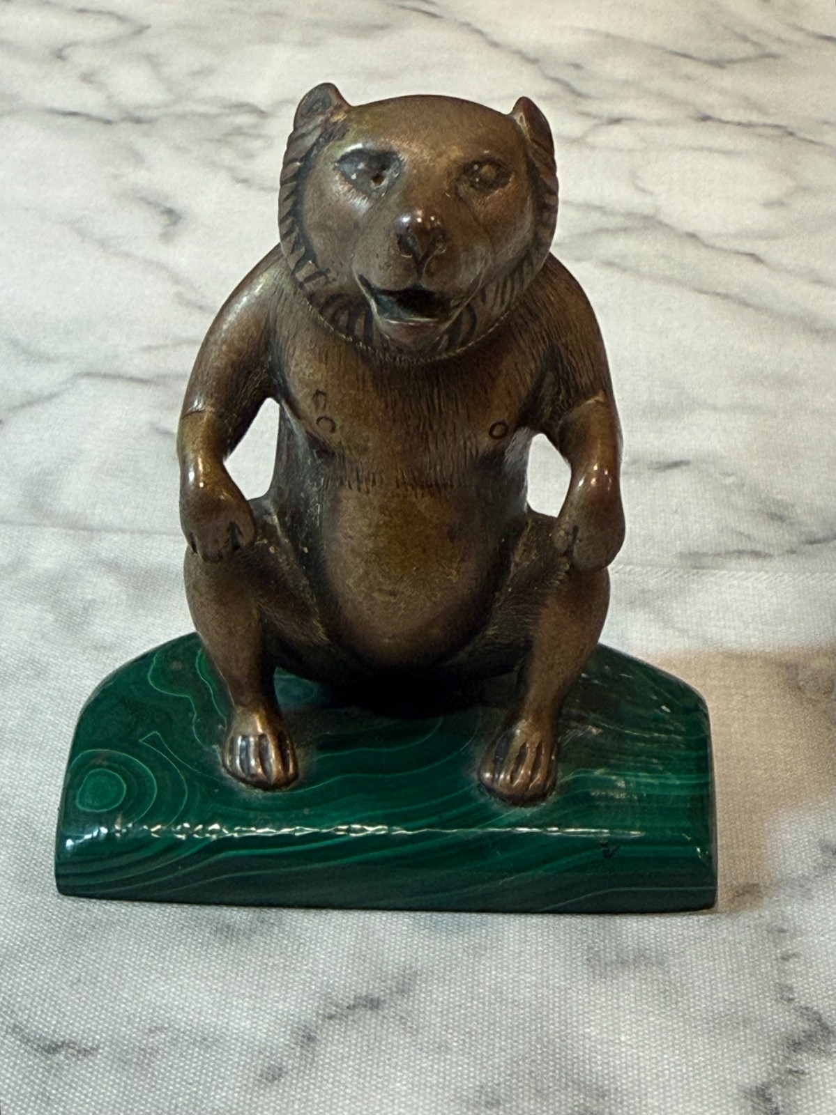 Vintage Bronze Bear Figurine Mounted on Malachite Base