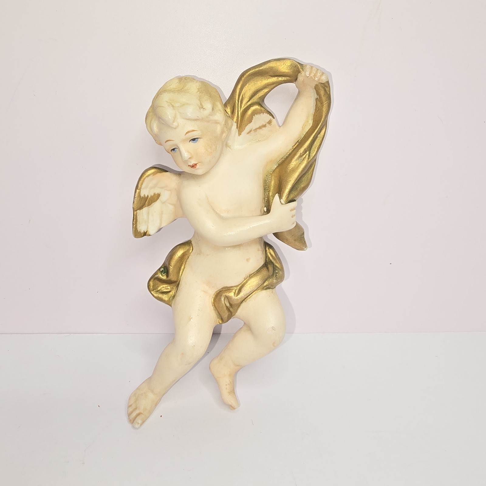 Vintage ARDCO Porcelain Sweet Cherub Angel Wall Hanging w/ Gold Gilt Japan
