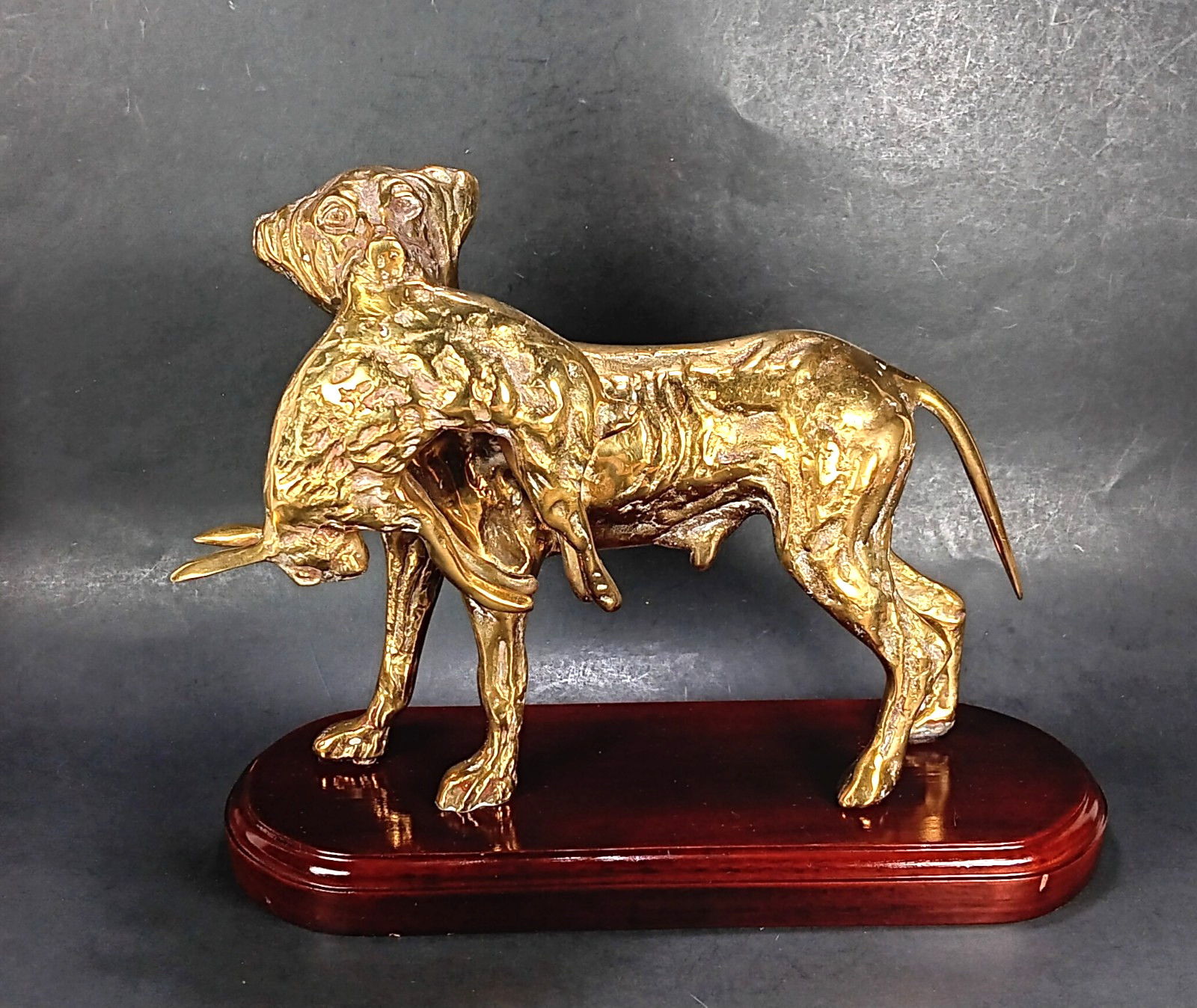 Brass Hunting Dog Statue w/Hare Rabbit Sculpture on Wood Base Vintage