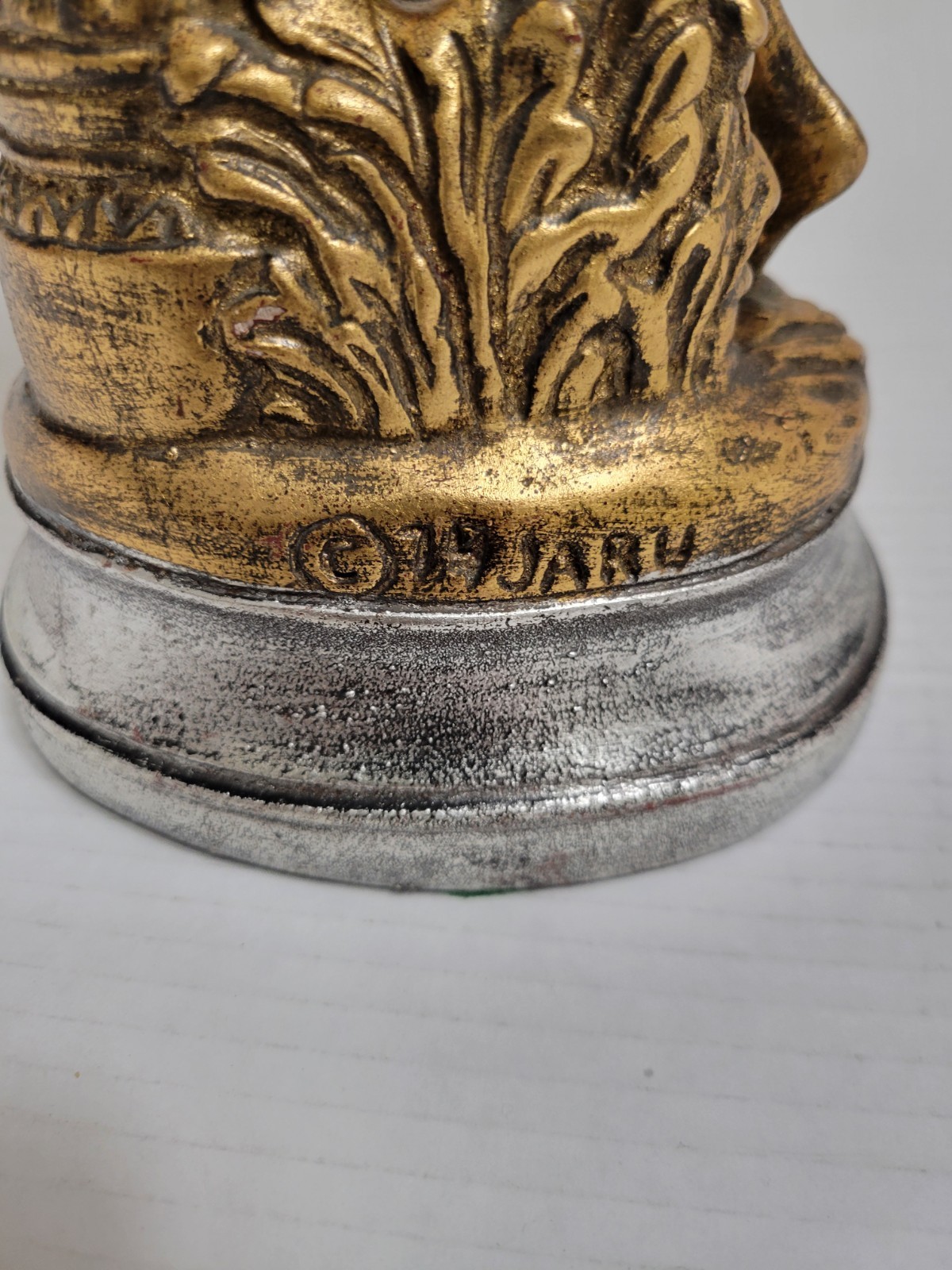 vintage jaru Gold/Silver Woman Figurine Leaning on Column Antique Finish