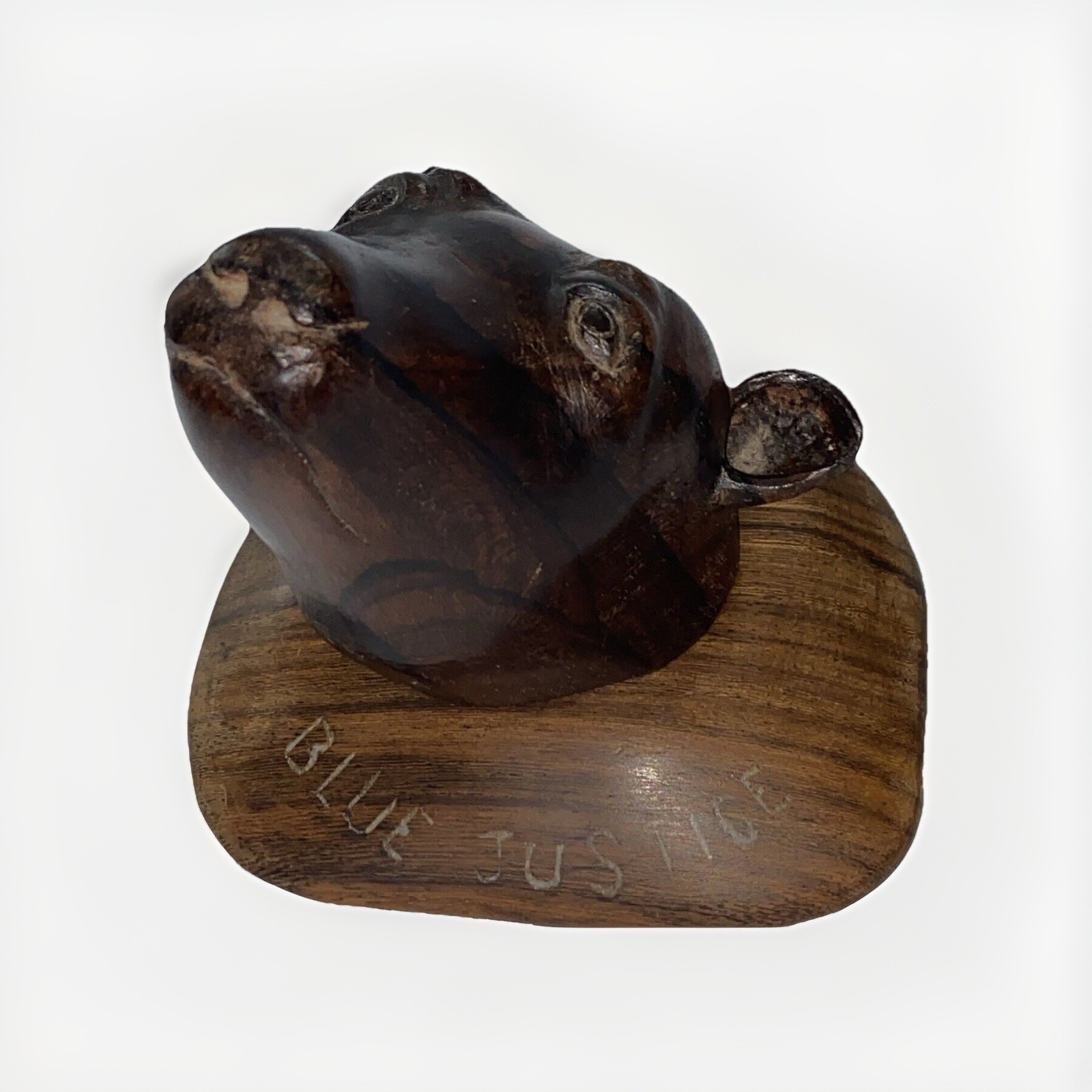 Vintage Zericote Wood Carved Dog Head Desk Top On A Wooden Base One Of A Kind