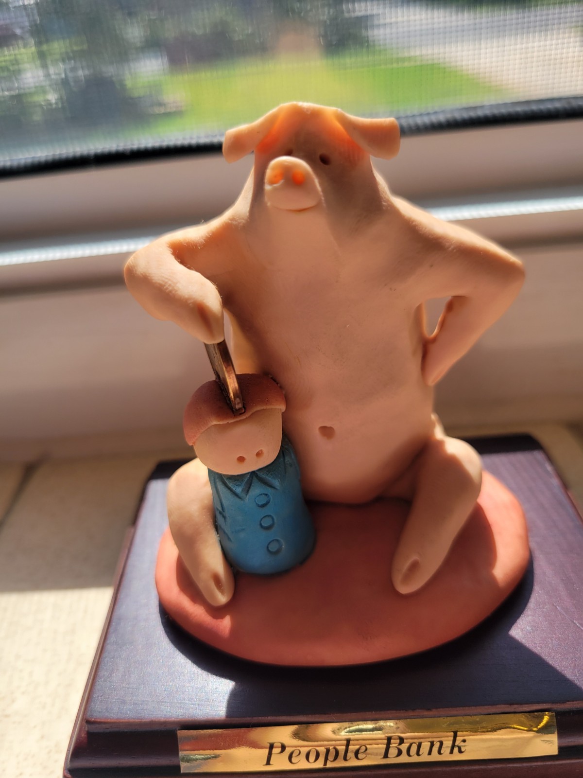 Hand Crafted Sculptures Betty Difuntorum People Bank Pig Wood Sculpture 1998