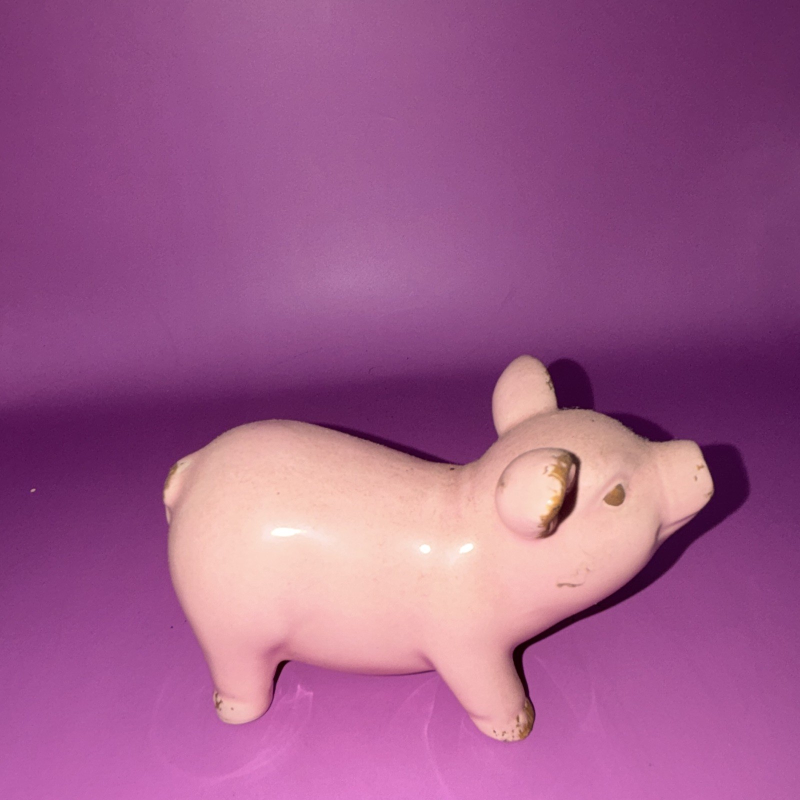Pink Ceramic Pig Figurine Glazed Glossy Finish with Gold Accents Unboxed