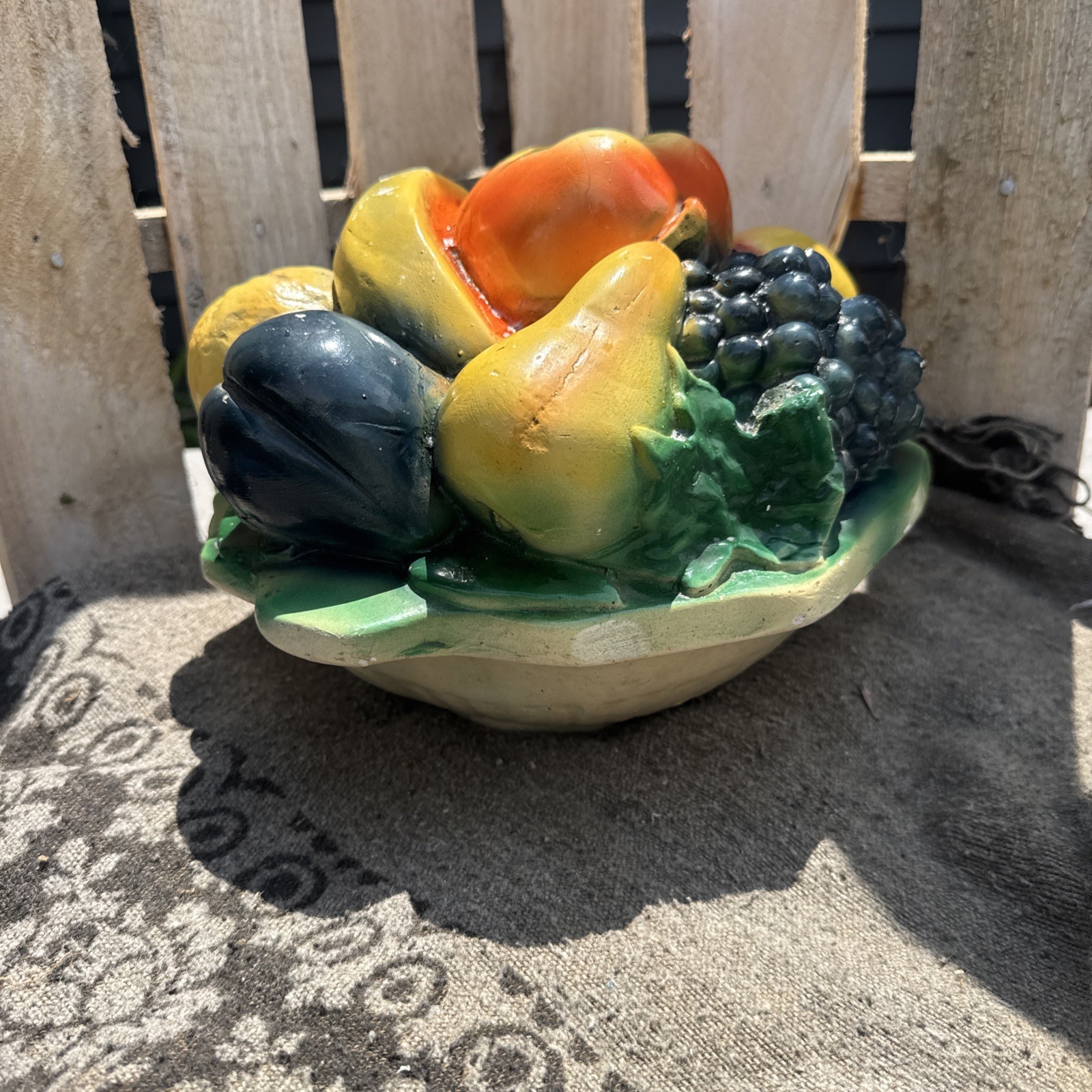 Vtg Retro Antique Chalkware Fruit in Bowl Basket Markings Sculpture Figurine