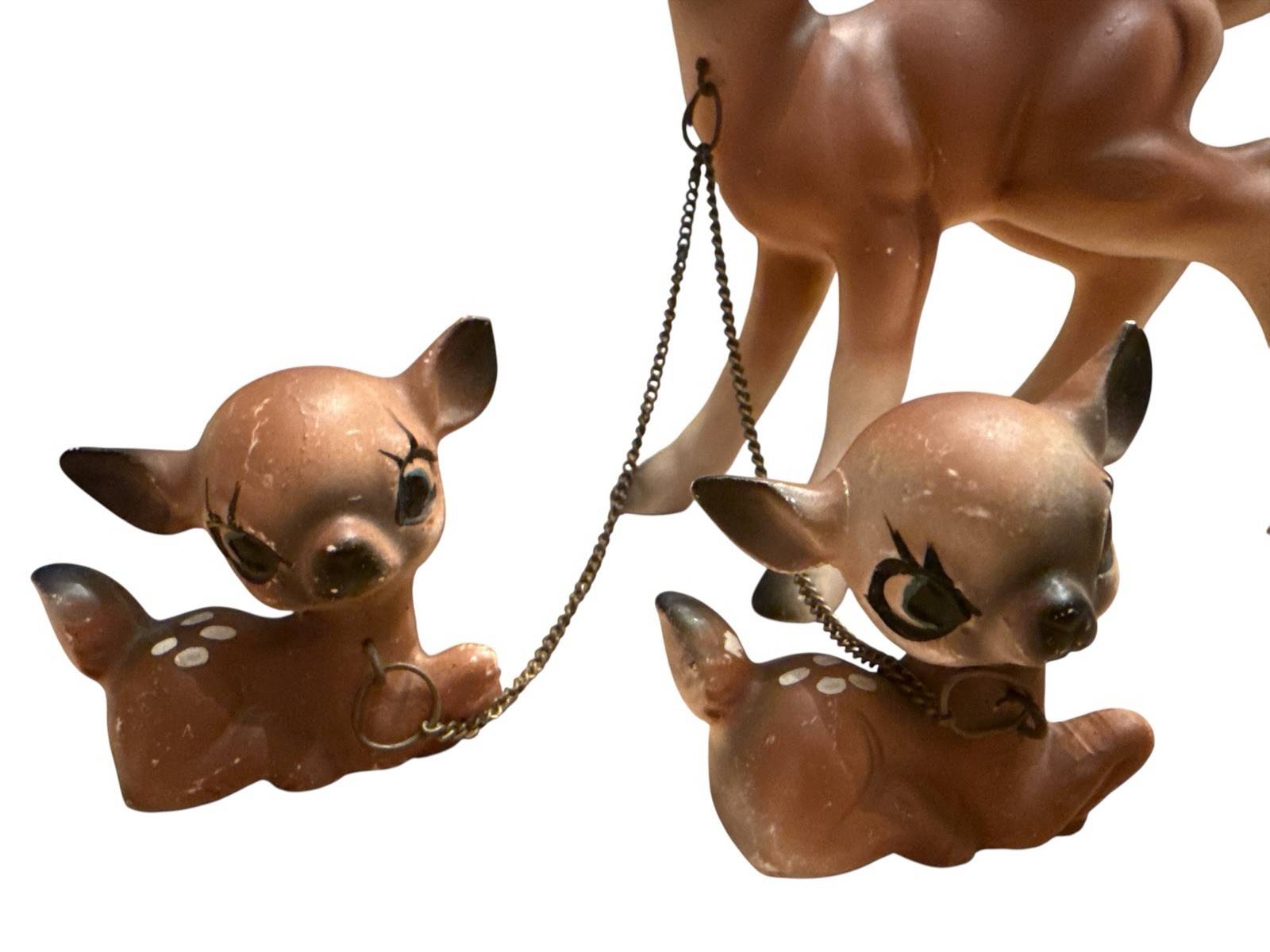 Vintage Mid Century Ceramic Deer Family Set Doe & 2 Fawns Chain Leash Kitsch