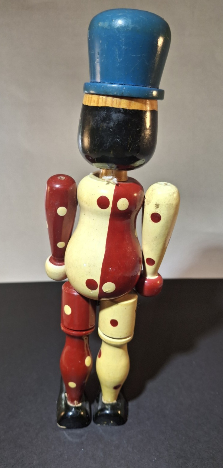 Vintage Wooden Standing Clown Doll Figurine Painted Jointed Wood Figure 9″