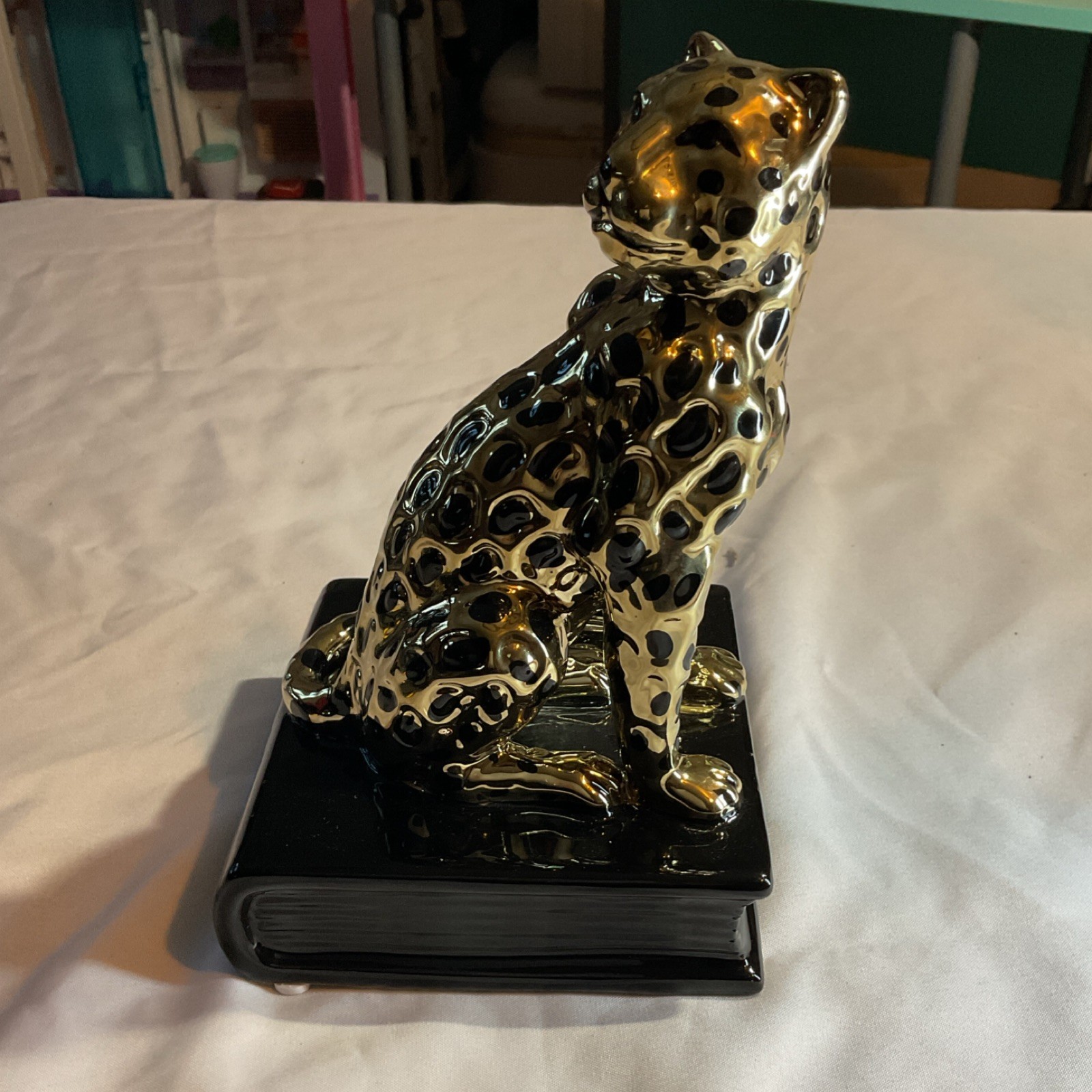 Metallic Gold Black Ceramic Cheetah Figurine on Book Wild Animal Sculpture