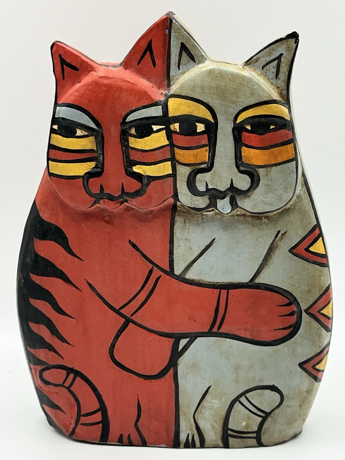 Vintage Folk Art Hugging Cats Figurine Hand Painted 5” Sculpture Home Decor