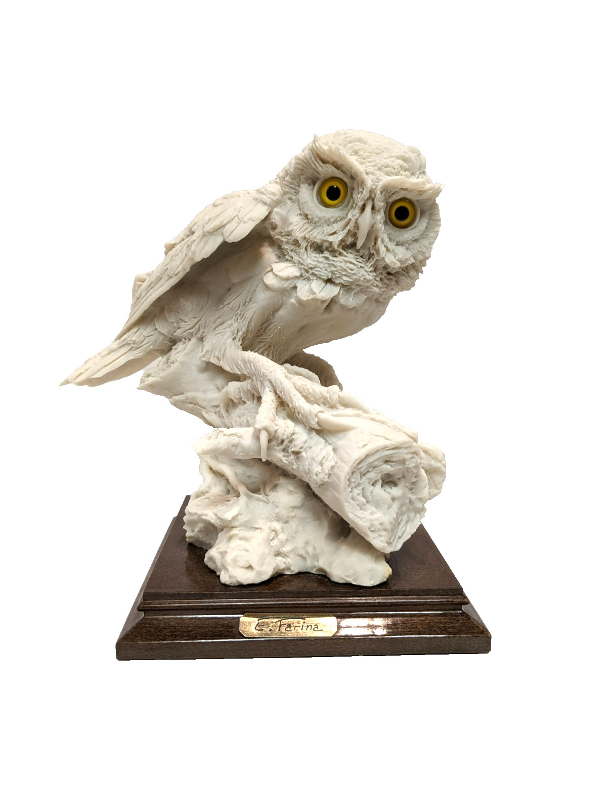 Vintage Alabaster Snow Owl E. Farina Sculpture Wood Base 1987 White 8″