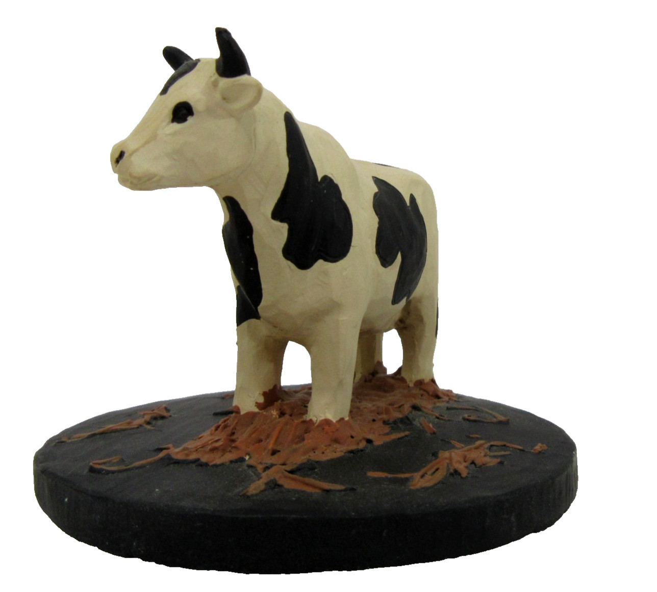 vtg Blossom Bucket artist signed Cindy Lowry cow figurine 3″ black white
