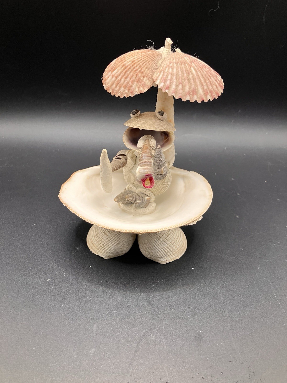 Vintage Sea Shell Frog Smoking a Cigar With Palm Tree Handmade Folk Art Beach 5″