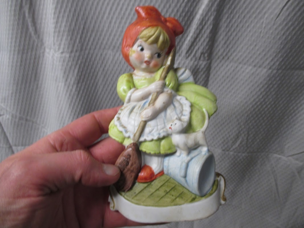 Vintage Porcelain Figurine Hanging Wall Art | Girl with Cat Broom Green Dress