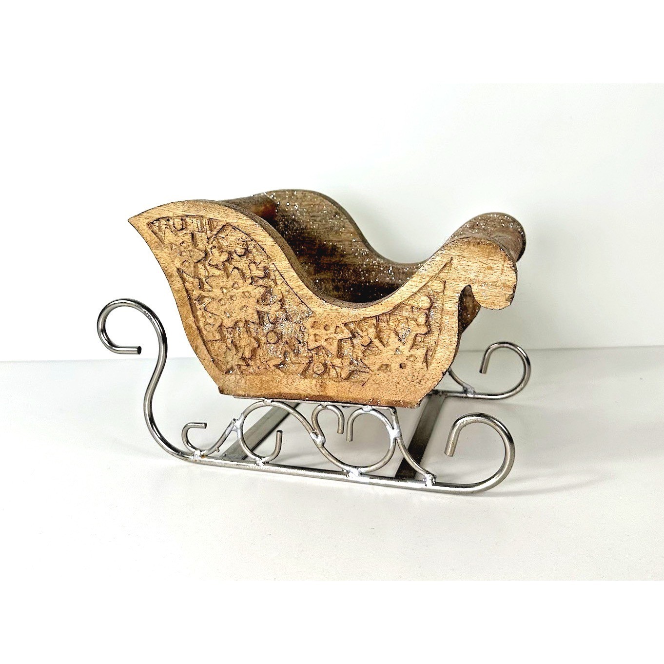 Martha Home Hand Carved Wooden Snowflake Christmas Sleigh Small Winter Decor