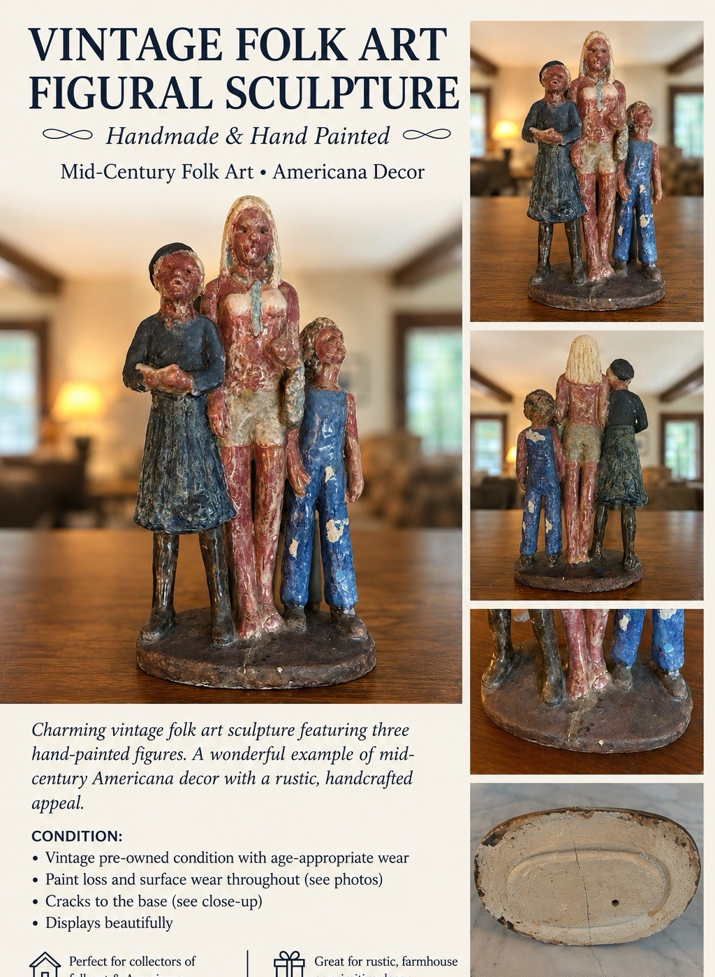 Vintage Mid-Century Americana Folk Art Hand Painted Ceramic Family Figurine