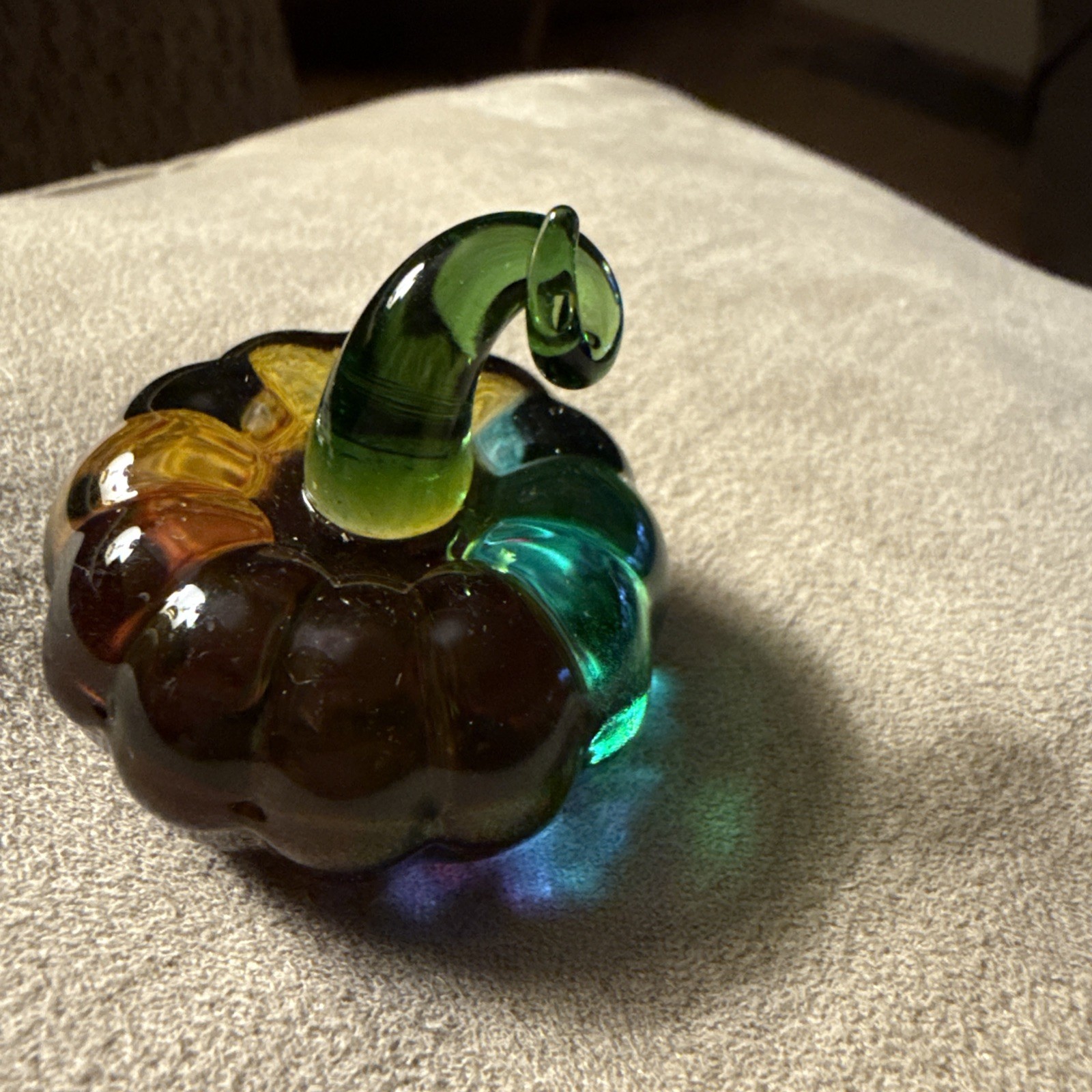 Adorable Handcrafted Glass Multi Colored Pumpkin With Green Stem Figurine