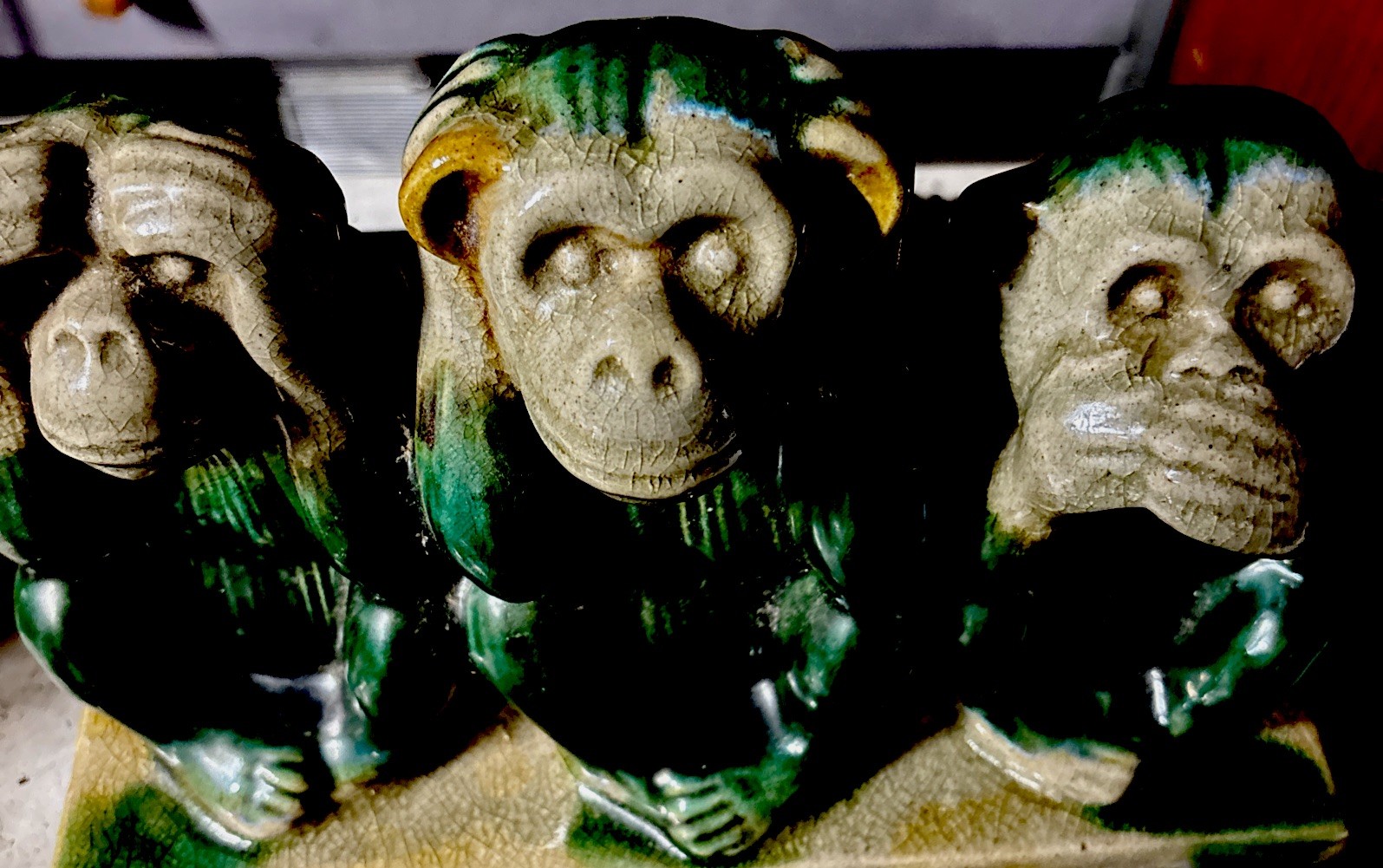 Vintage 1960s Majestic 3Monkeys Figurine Signed AK 14 Emerald Drip GlazePRISTINE