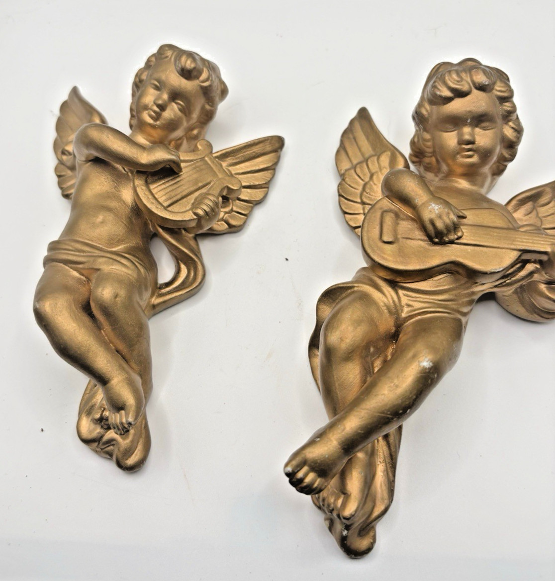 Vintage Gold Tone Cherub Angel Set 2 Japan Gallery Signed Andrea Chalkware 7″