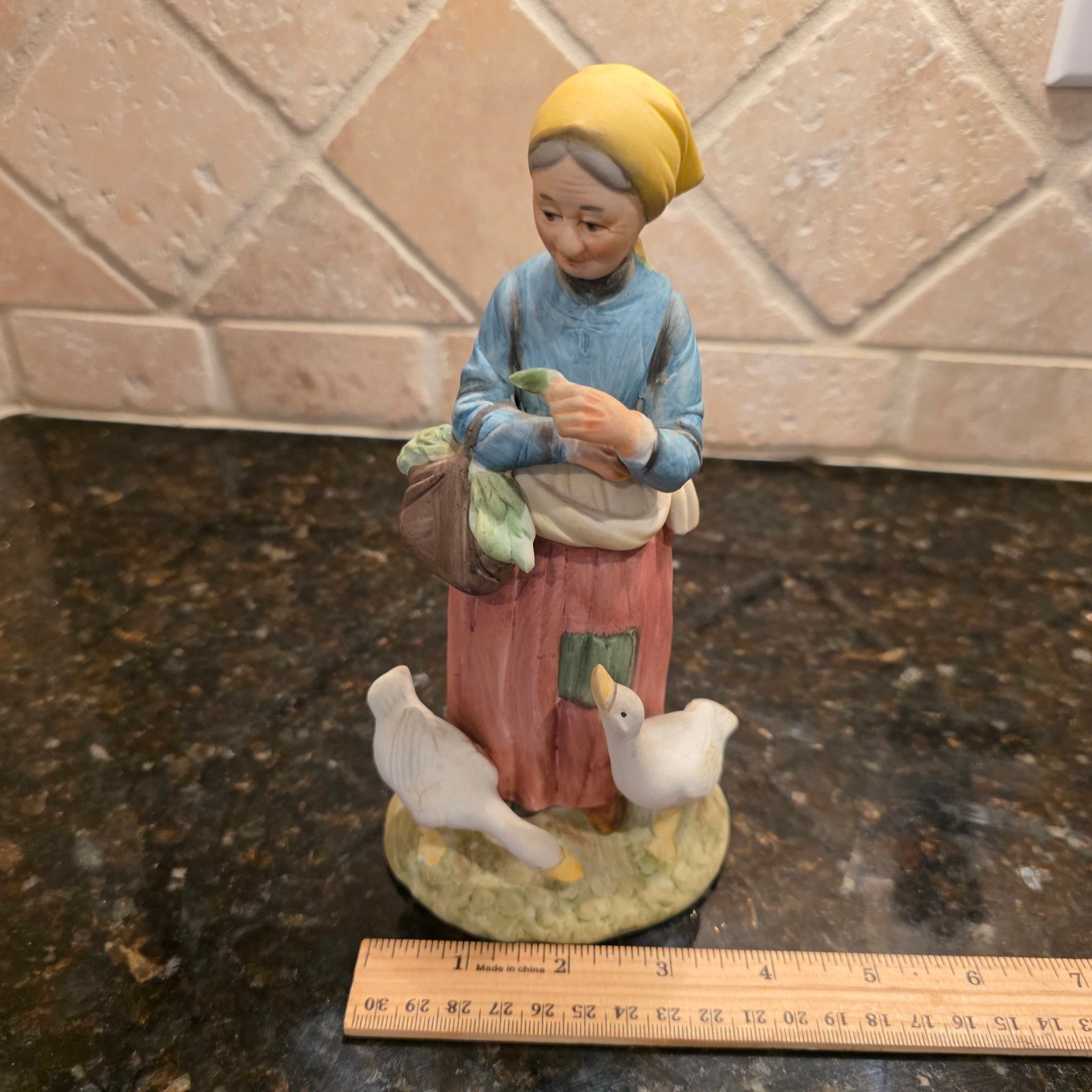 Vintage Lefton Porcelain Figurine Peasant Woman with Geese Farmhouse Decor Matte