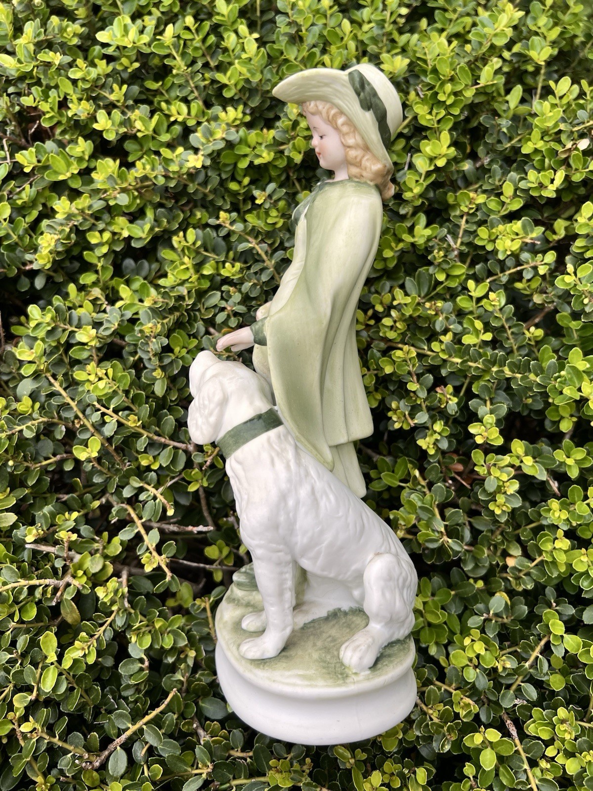 Vintage English Girl In Green Dress with Dog Andrea by Sadek #7154 Hand Painted