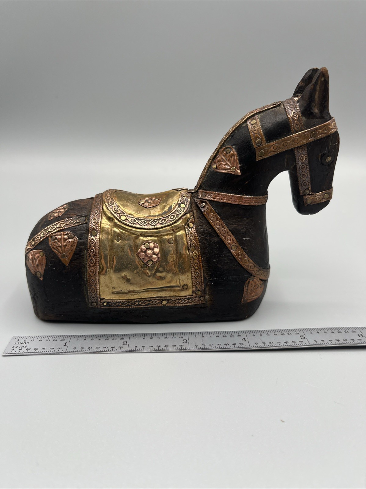 Vintage Armored Hand Carved Horse Wood with Brass & Copper Inlay Bookend
