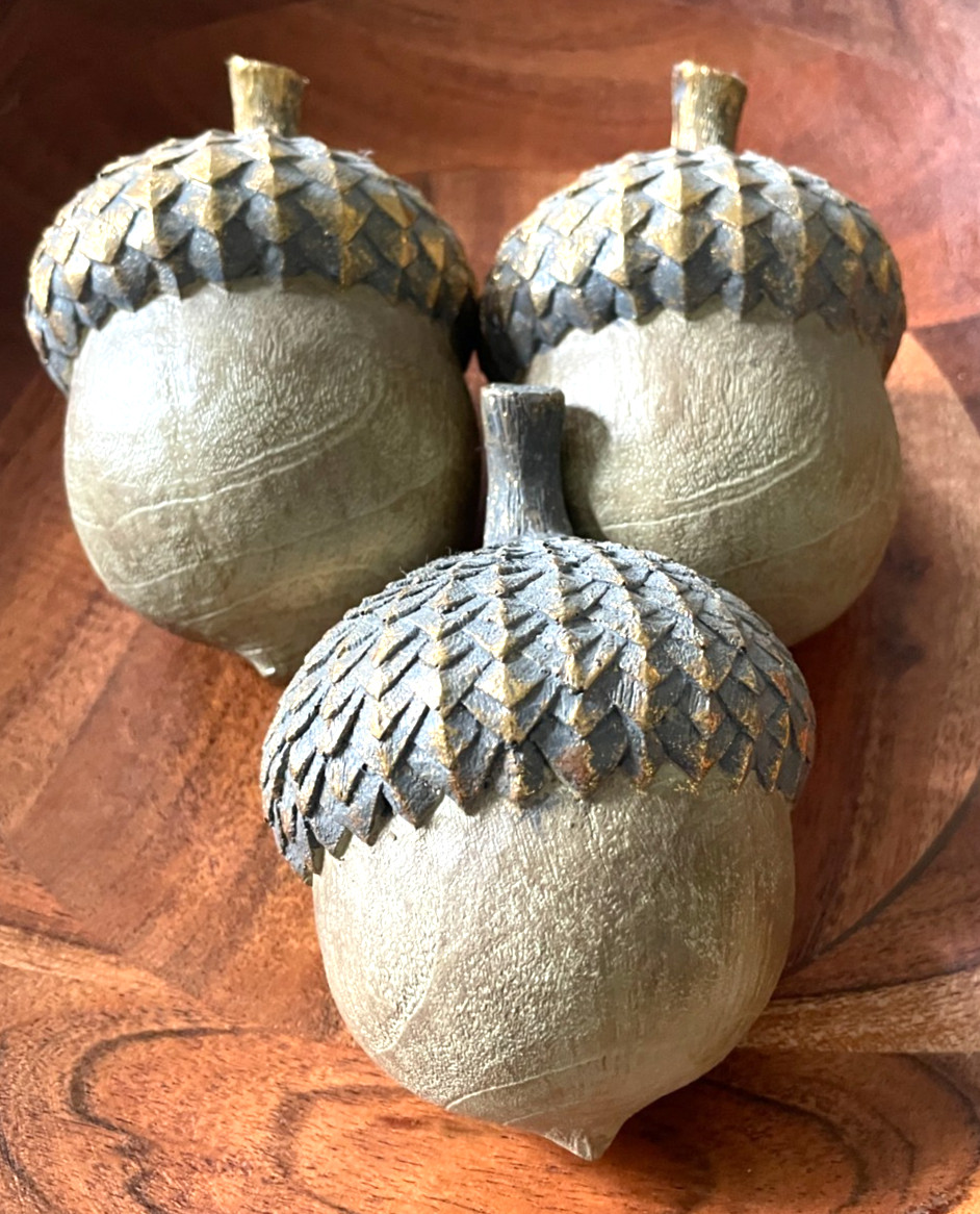 Set 3 Large Composite Painted Acorns Detailed Copper Sparkle Fall Thanksgiving