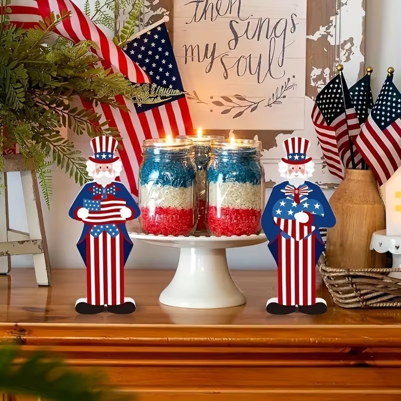 4th of July Wooden Uncle Sam Tabletop Decor 8″ – 2 Piece Set