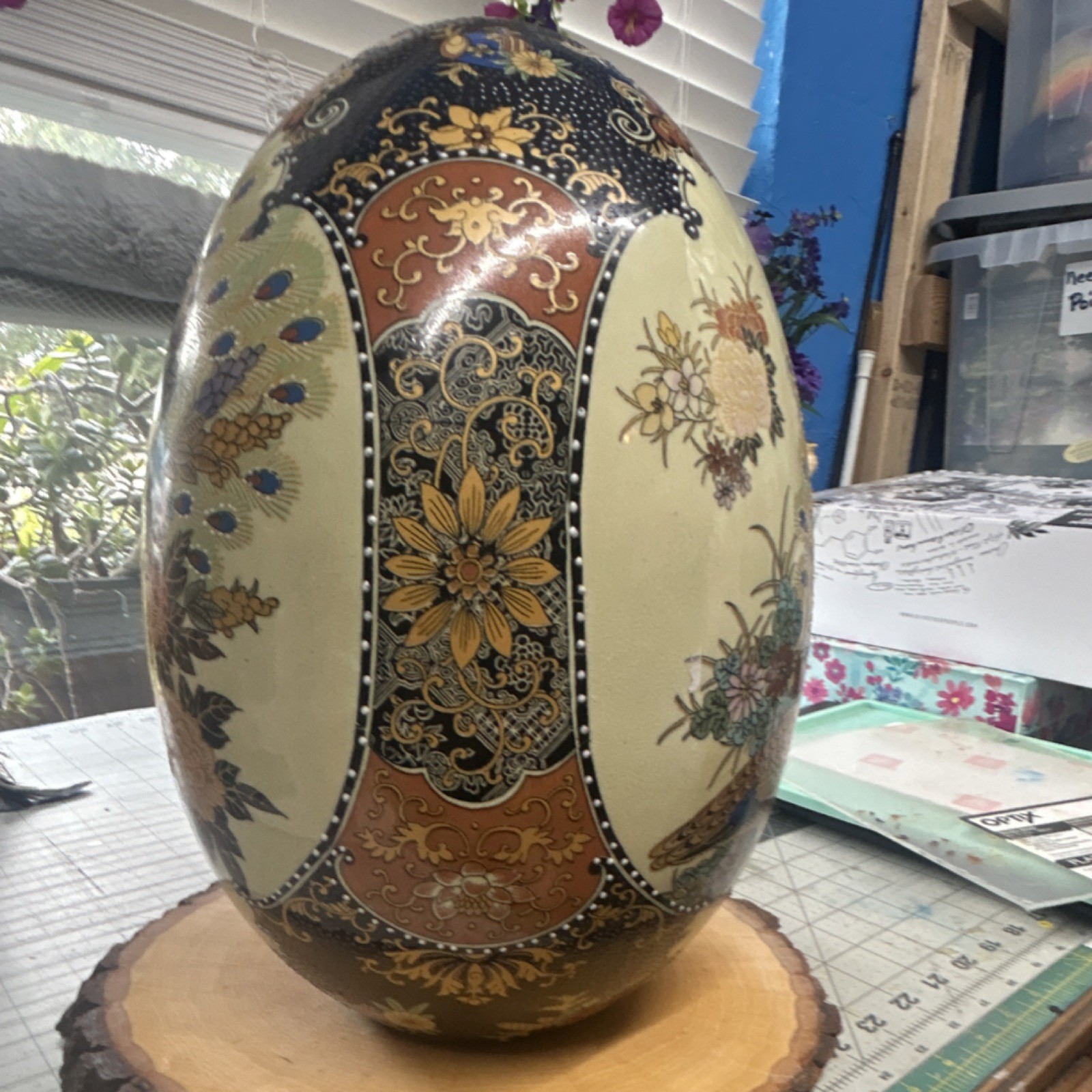 Hand-Painted Ceramic Decorative Egg Peacock & Floral Design Large 13 in