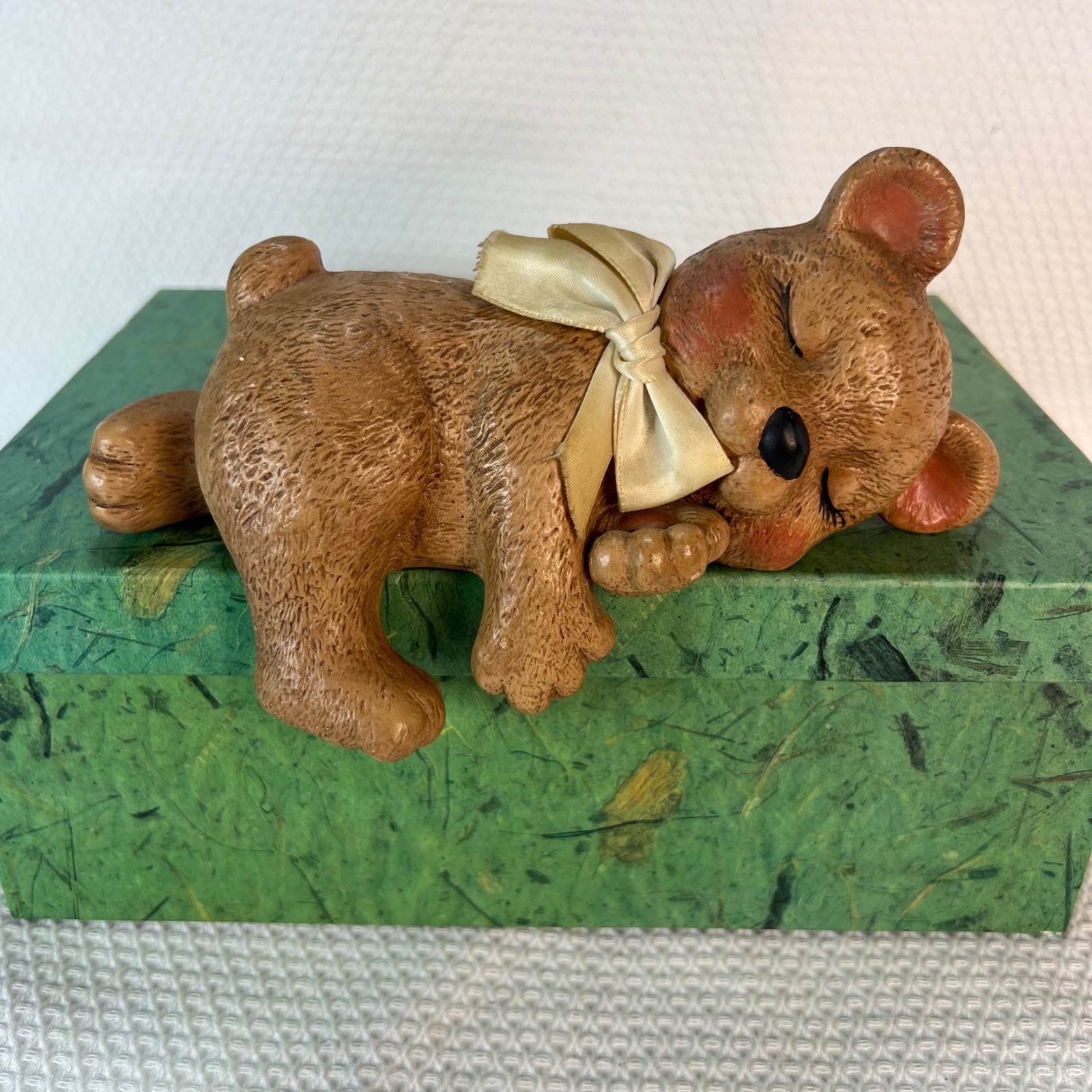 VTG Ceramic Sleeping Teddy Bear Shelf Sitter Figurine Brown Bow Nursery Sleeper