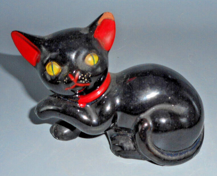 Vintage Black Cat Red Accents Sitting Ceramic Figurine Shiny Yellow Eyes 3.5″