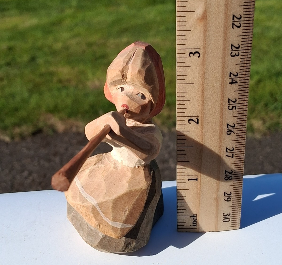 Vintage Henning Wood Carving Hand / Painted Norway Girl w/ Horn In Dress 3″