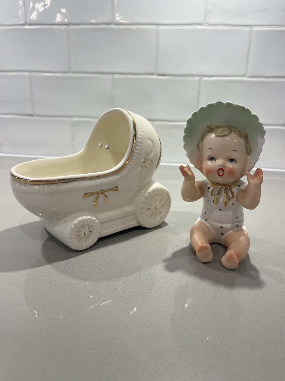 Ceramic Baby Figurine and Carriage Set, Hand Painted, Glossy, White/Gold