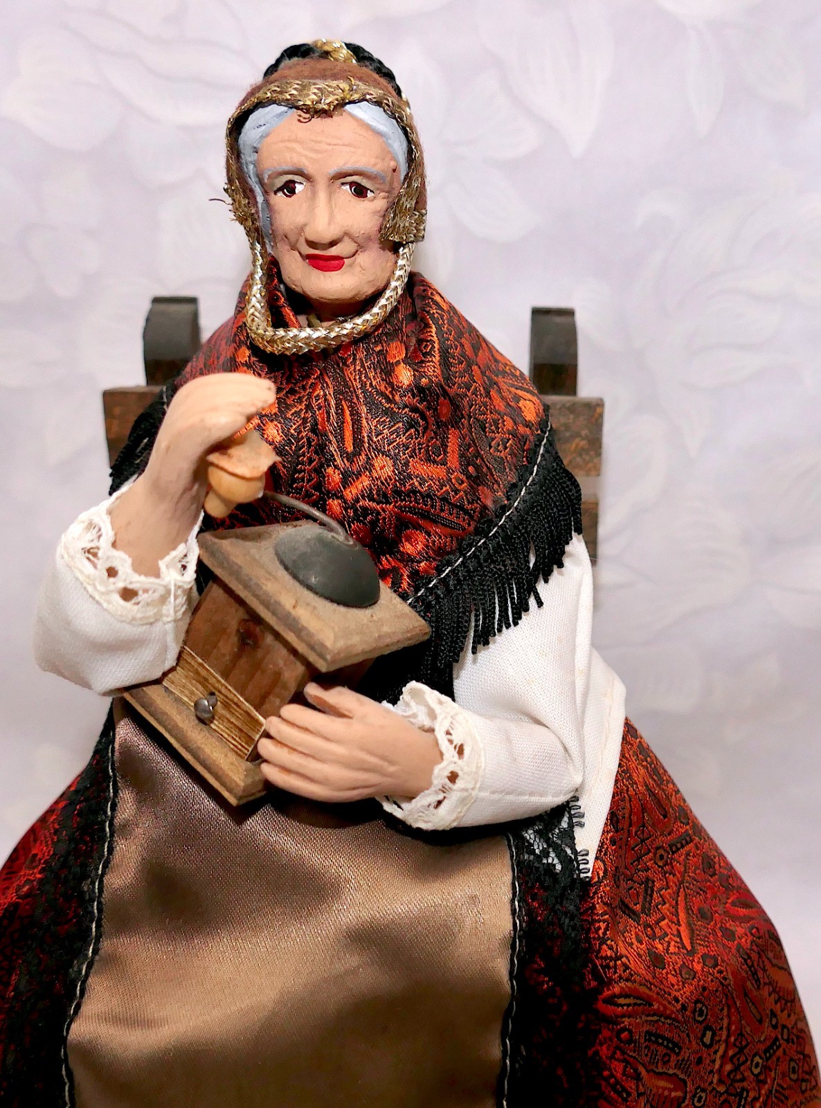 Vintage 1950s French Santon by GASQUET H/P Terracotta Old Woman w/Coffee Grinder