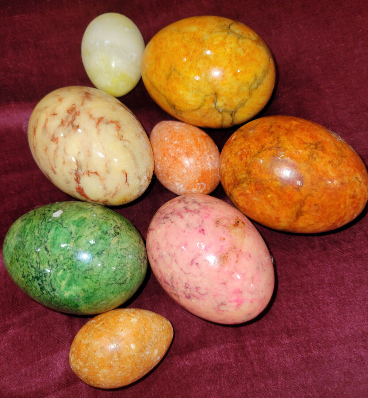 Lot of Eight (8) Assorted Sizes & Colors of Heavy Alabaster Marble Stone Eggs