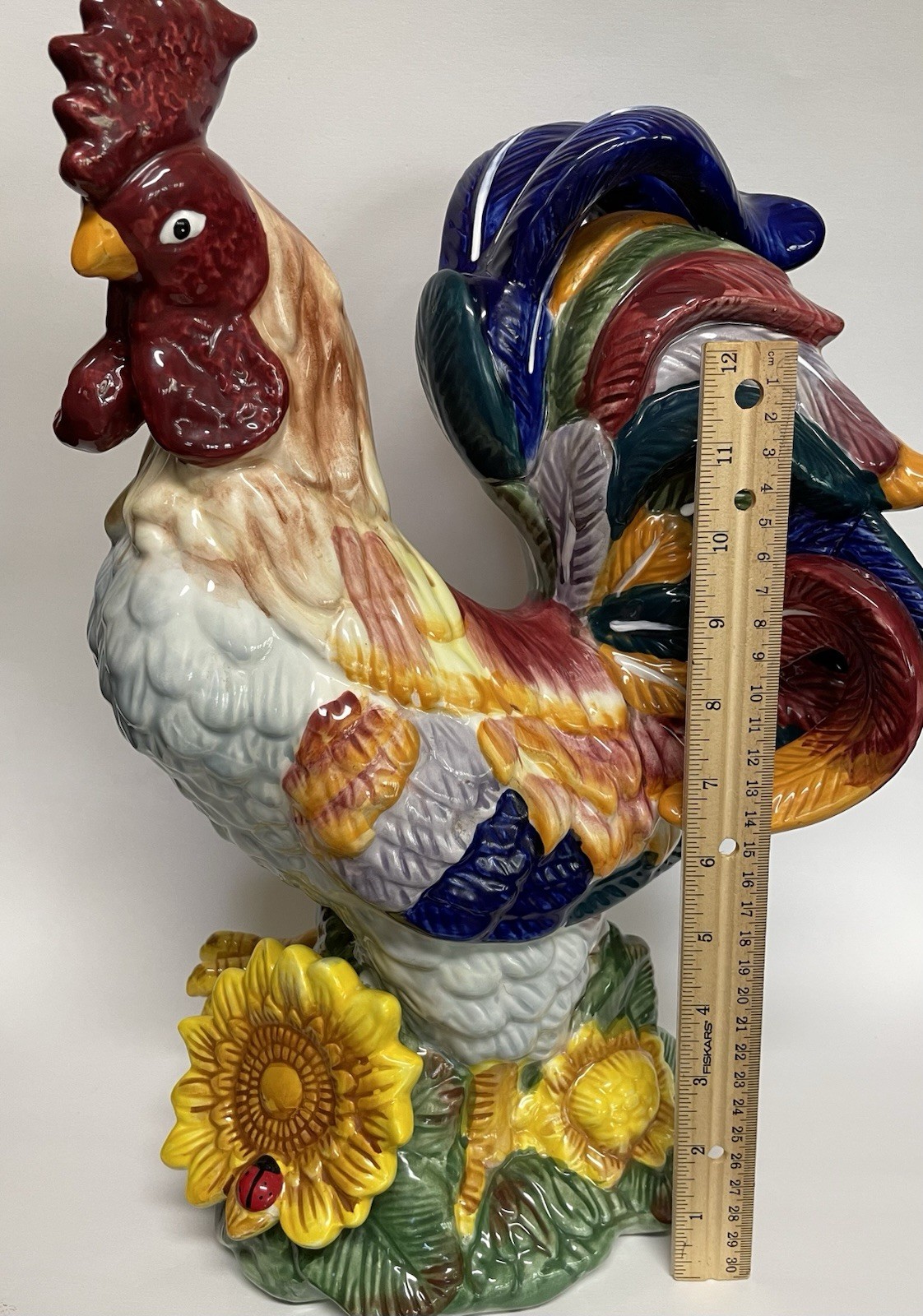 Ceramic Rooster on Sunflower Large Vintage J. Willfred Handpainted Sadek 15.5″