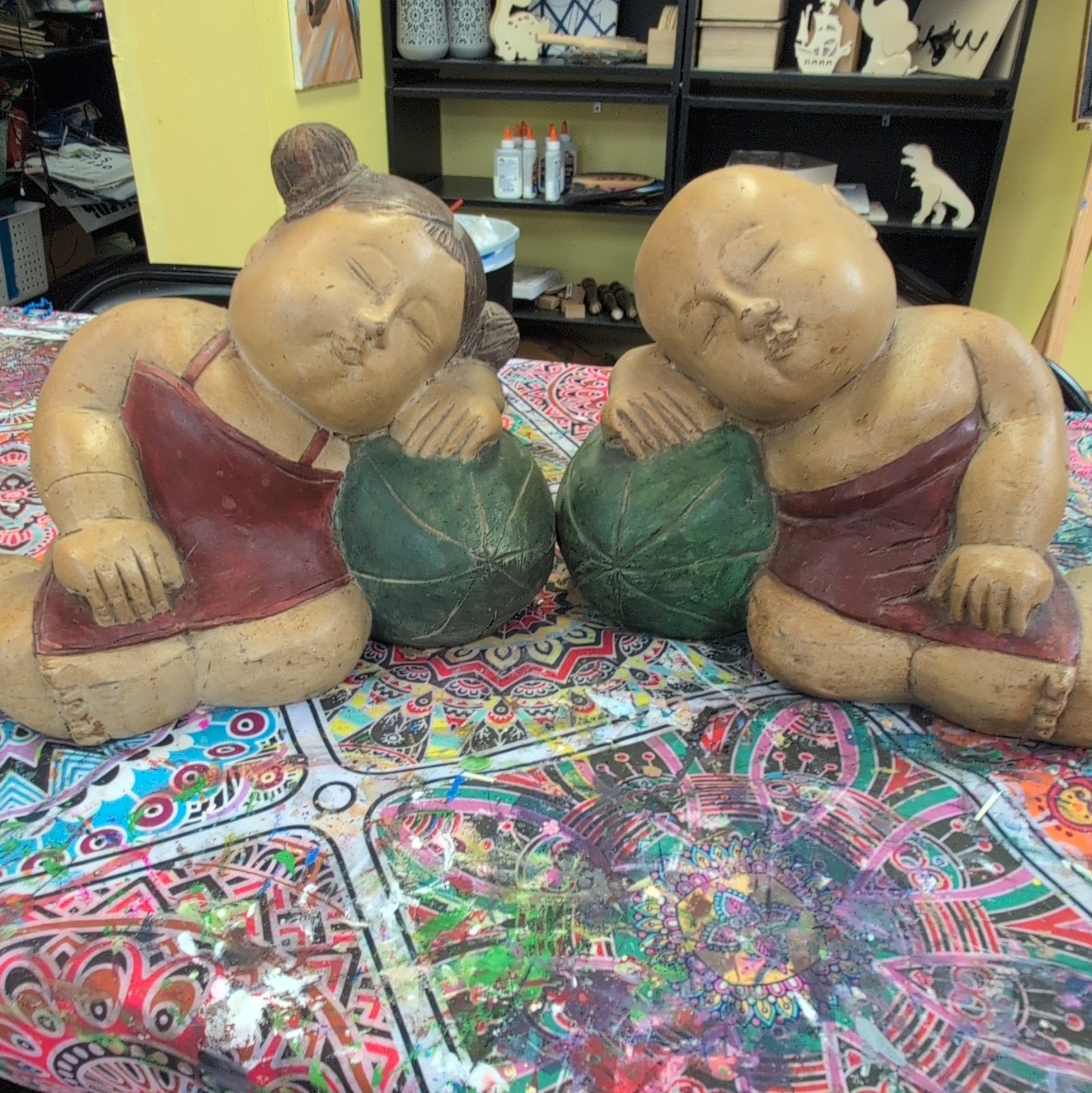 2-Pack Painted Wood Sleeping Girl Figurines Beige/Red/Green/Brown