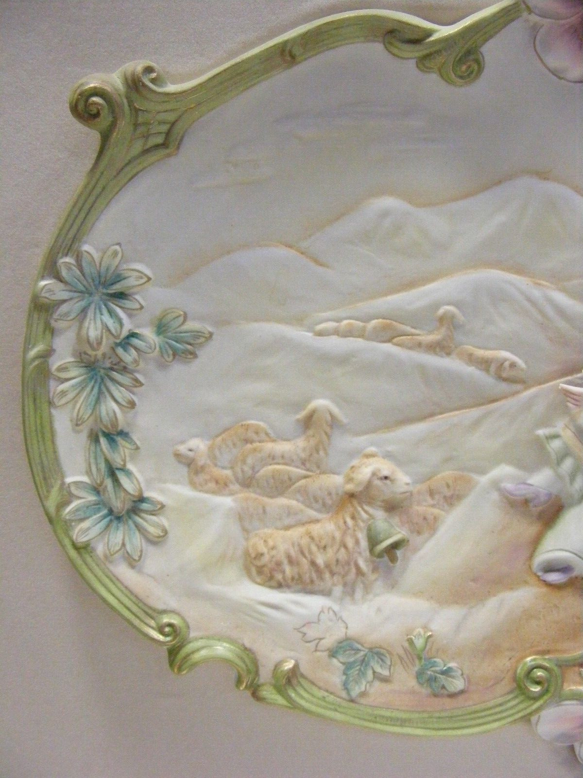 Vintage Porcelain Victorian Couple Wall Art Landscape Scene Playing Sheep Framed