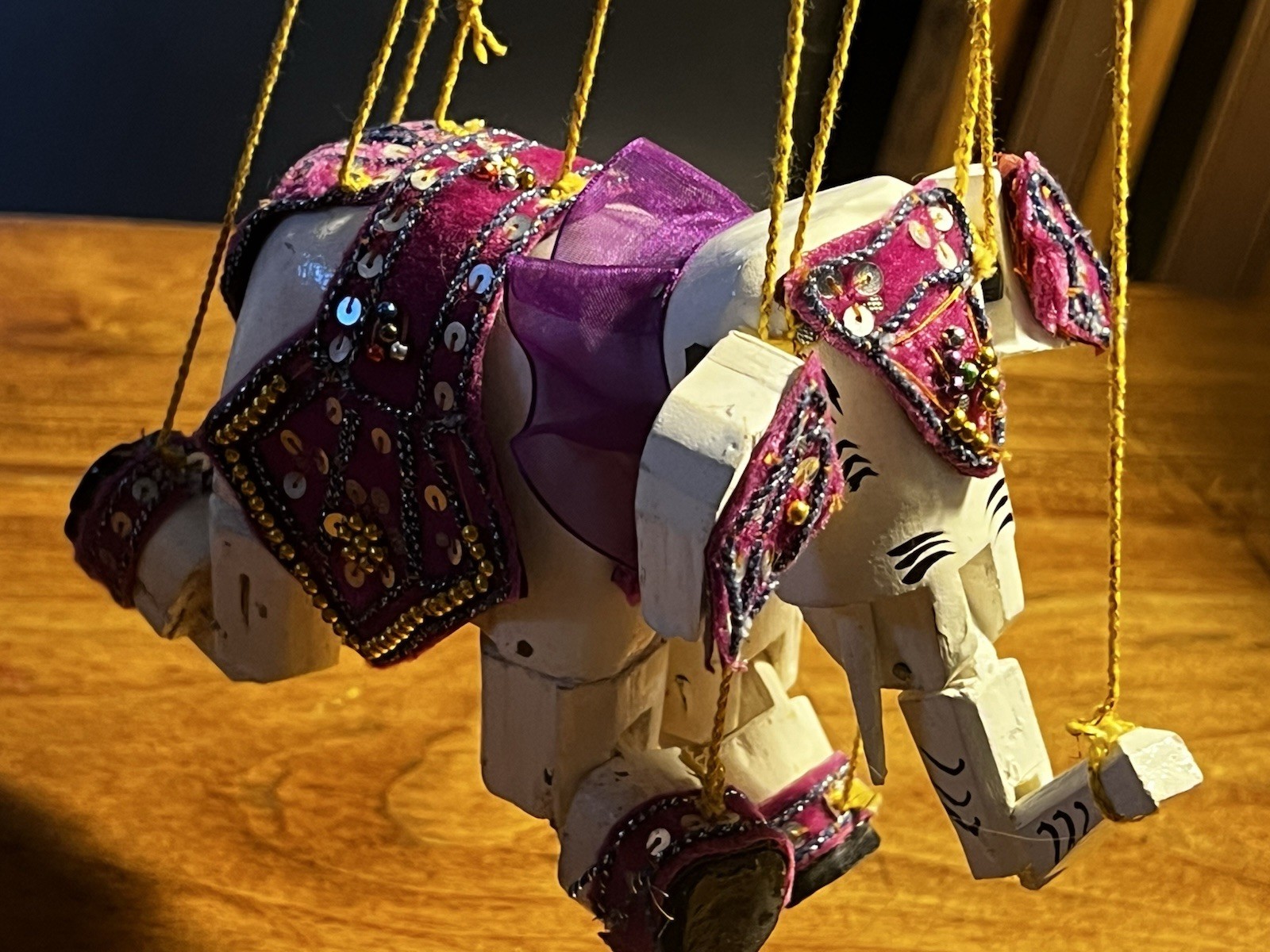 Vintage Hand Carved Wooden Elephant Marionette Puppet Sequined Thailand Style
