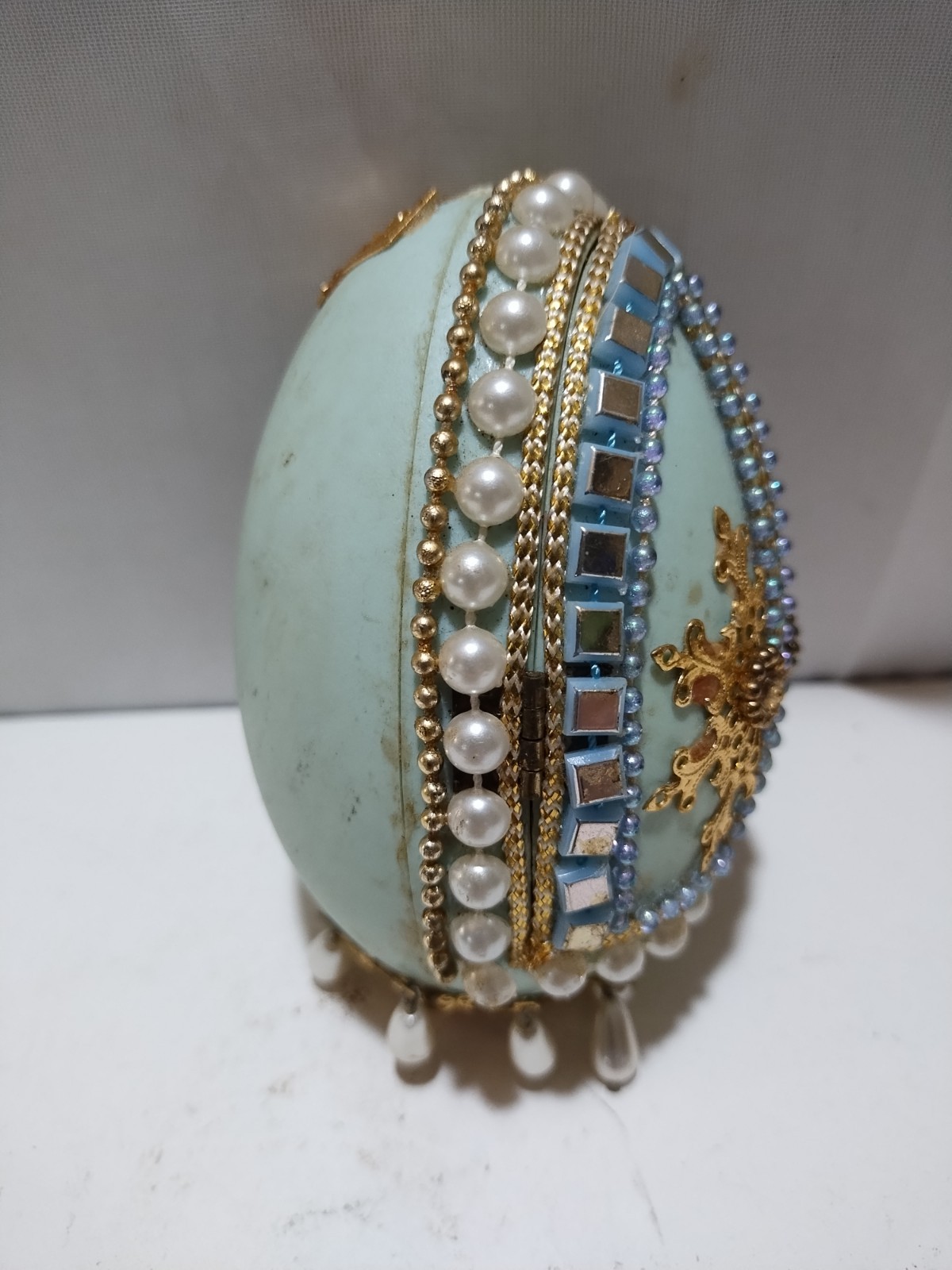 Vintage Diorama Easter Egg Man Fishing W/Child Dog Hinged Door Beaded Goose Egg