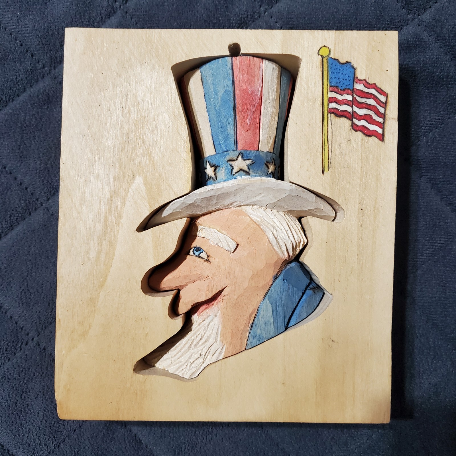 Uncle Sam Folk Art Wood Hand Carved Painted Patriotic Signed T. Henke 2008