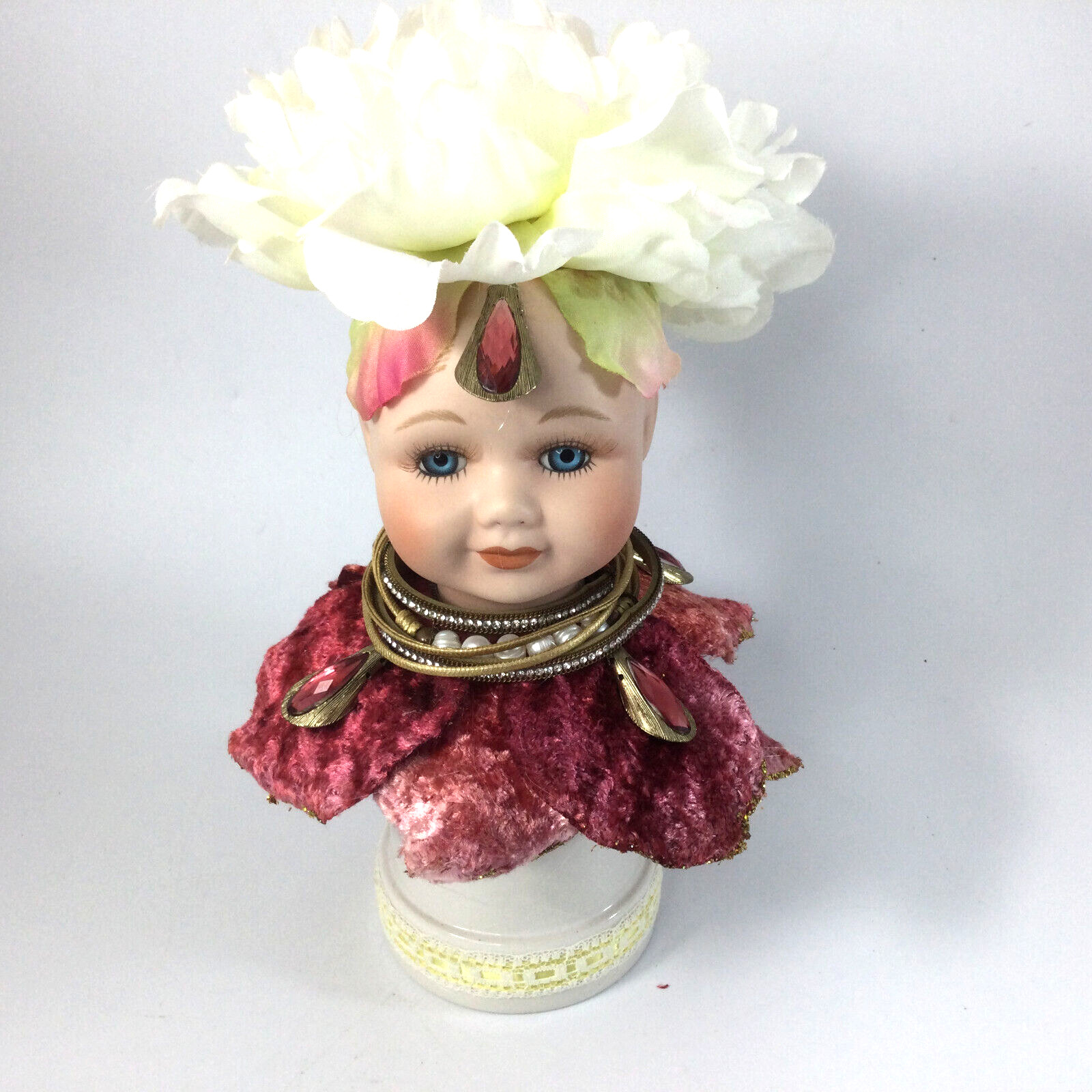 Art Doll Assemblage Figurine Porcelain Fabric White Pink Flowers 10″ H Handmade
