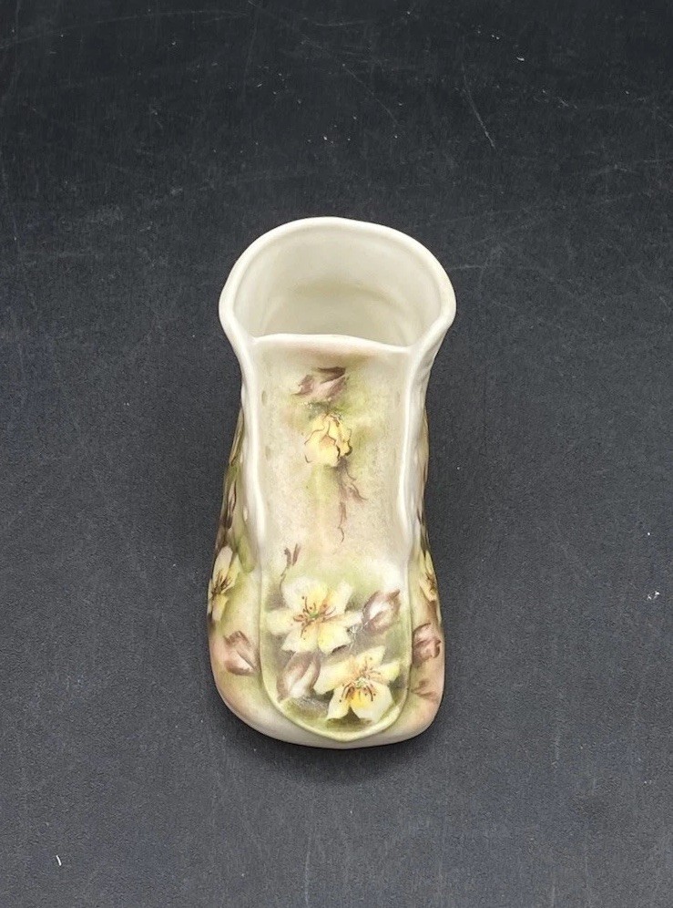 Victorian Ornate Lace Up Baby Shoe Figurine Yellow & Brown Flowers 1880?