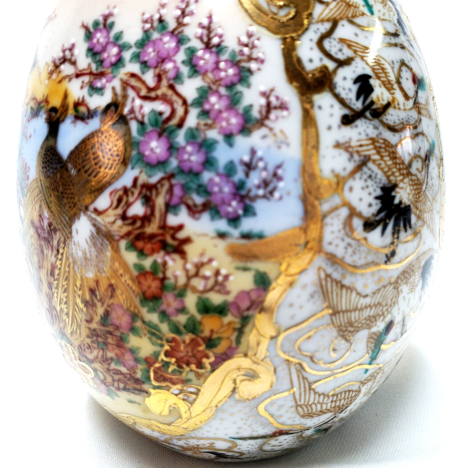 Antique 1912 Hand Painted Porcelain 24k Gold Accents Satsuma egg on Brass Stand