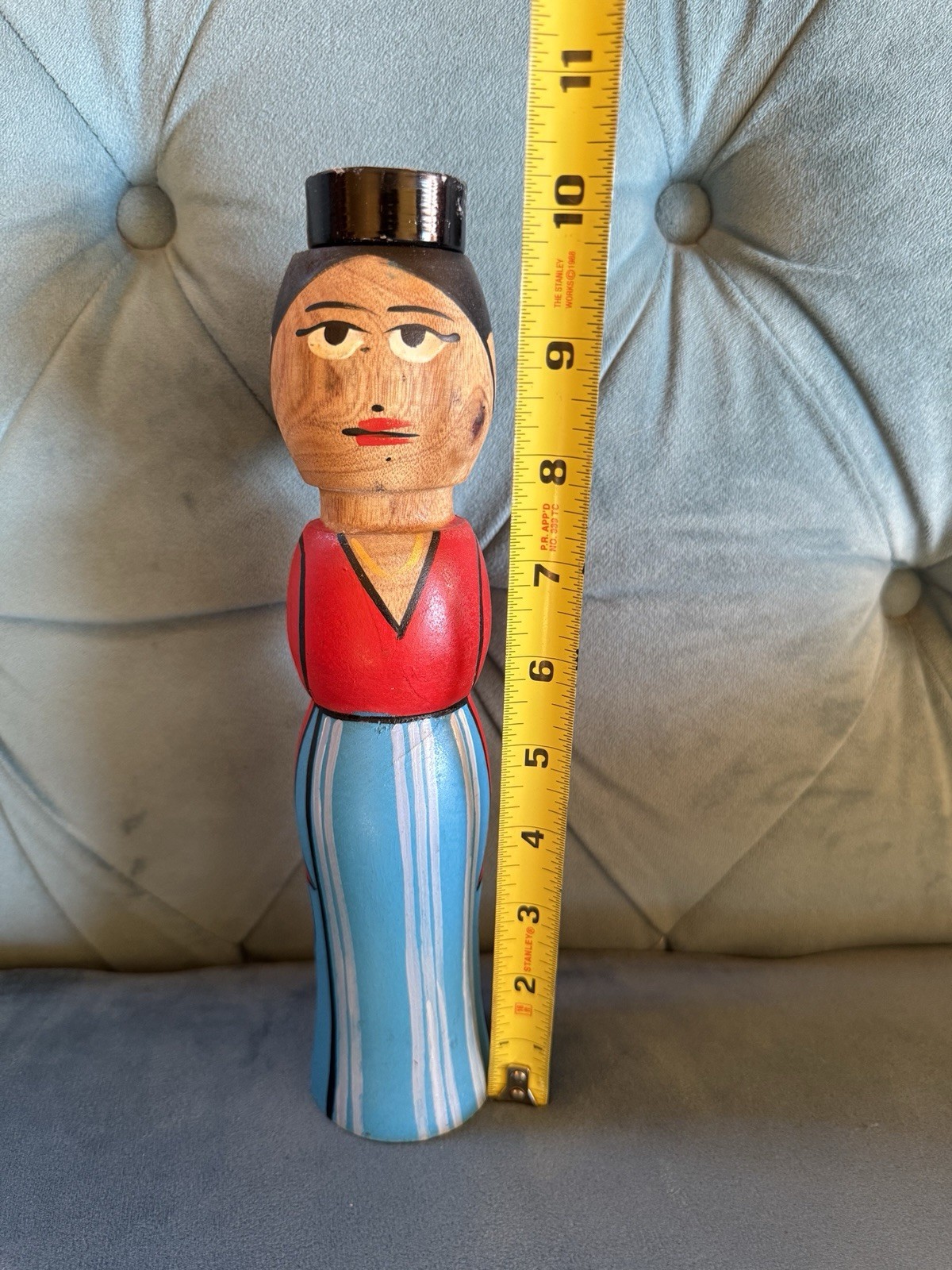 Primitive Wood ethnic peg Doll W/ Tea Lite Holder Hand Painted Collectible