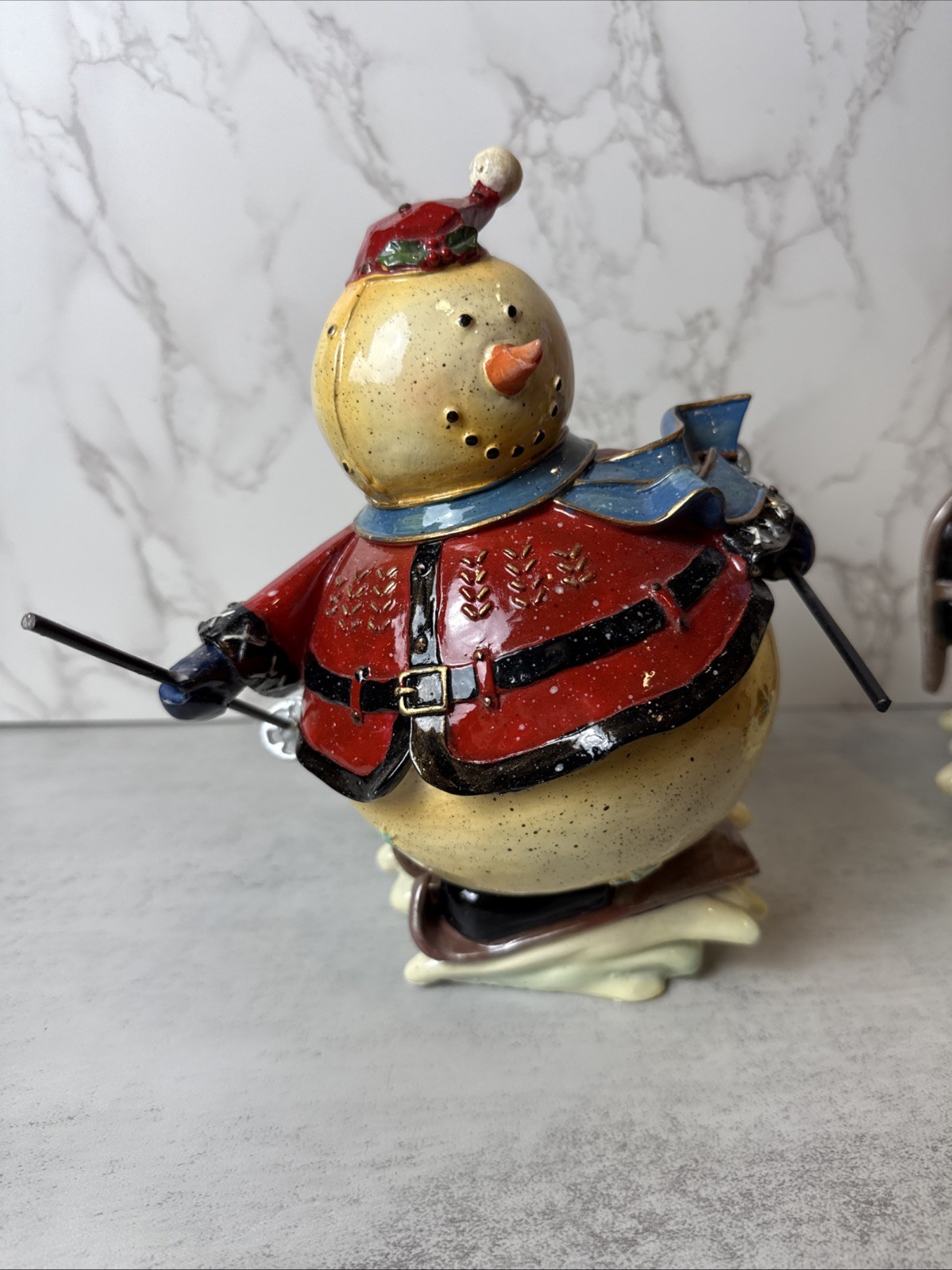 2 Whimsy Kirklands Roly Poly Skiing Snowmen Figurines With Skis and Poles 8”
